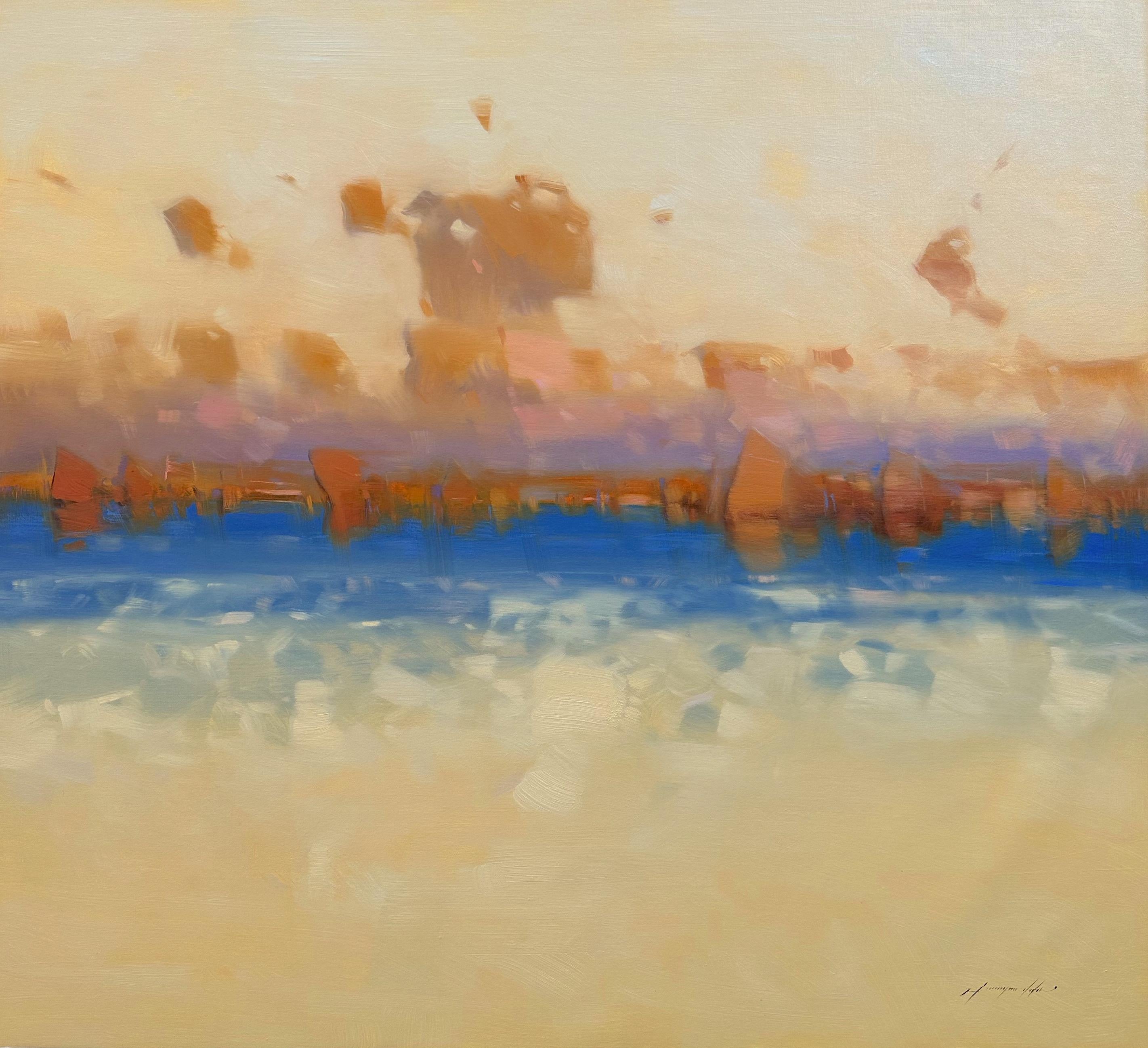 Vahe Yeremyan Abstract Painting – Cremefarbener Sonnenuntergang, Meereslandschaft, Original-Ölgemälde, hängefertig