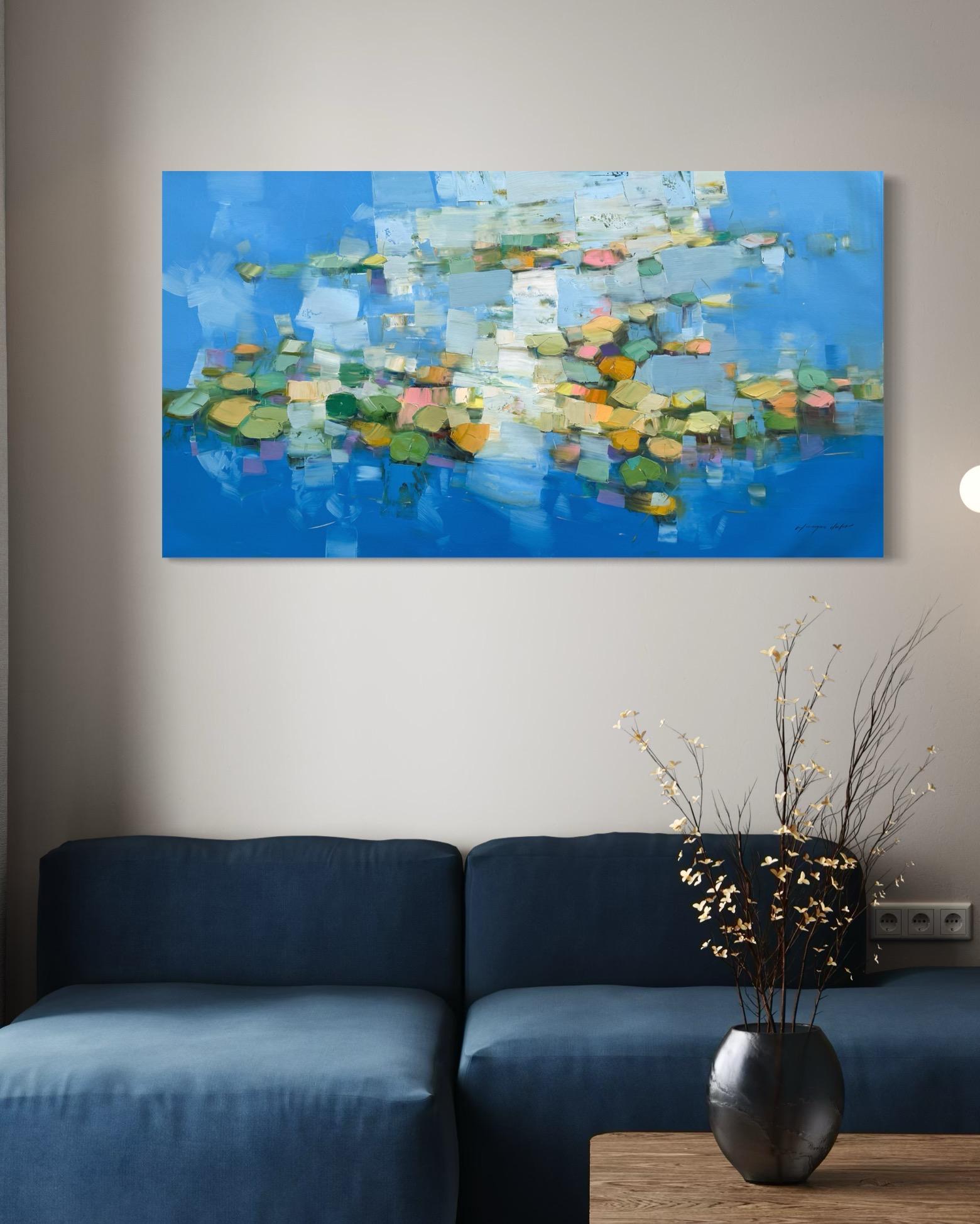 Echo von Monet, Floraler Impressionismus Original-Ölgemälde, hängefertig (Blau), Abstract Painting, von Vahe Yeremyan
