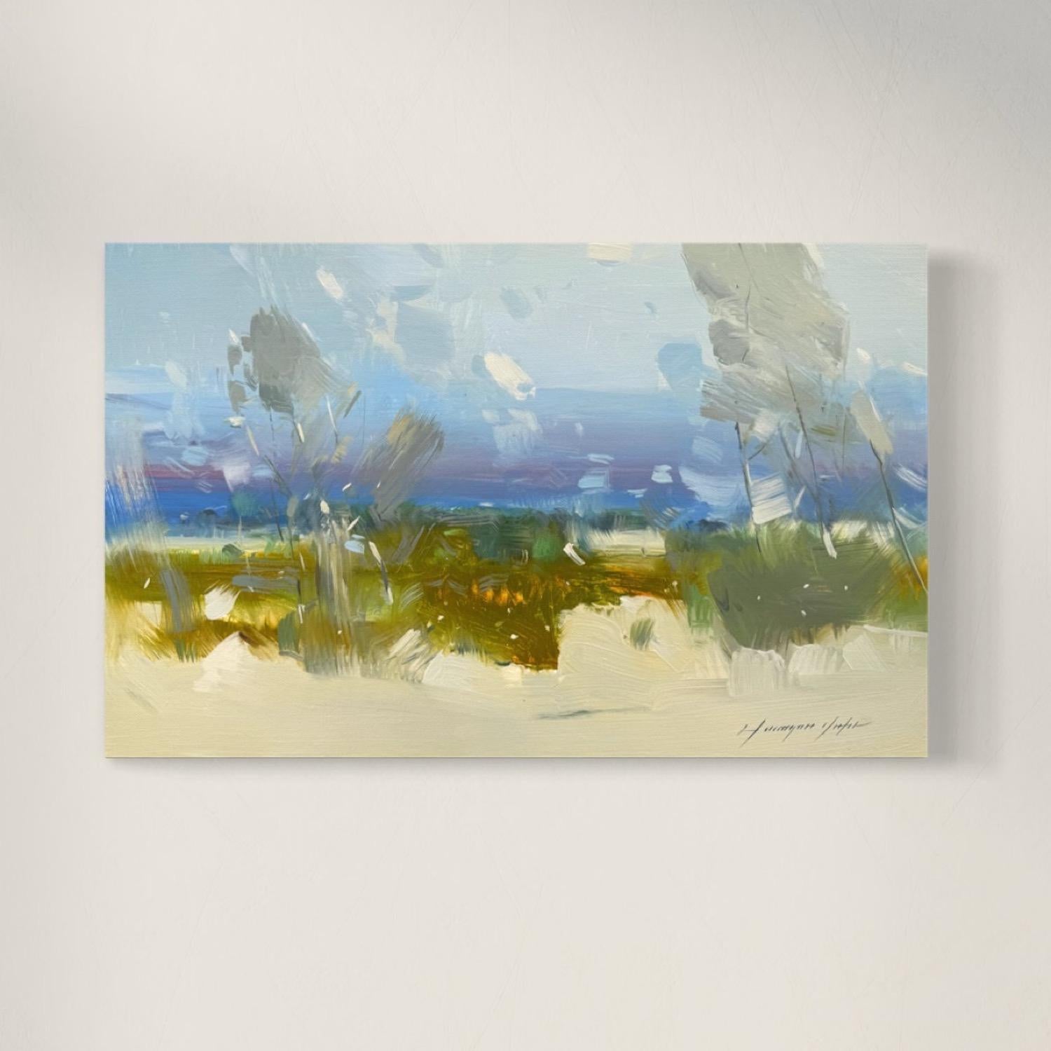Echoes of Rain Landscape Impressionism Original oil Painting, Ready to Hang - Gray Landscape Painting by Vahe Yeremyan