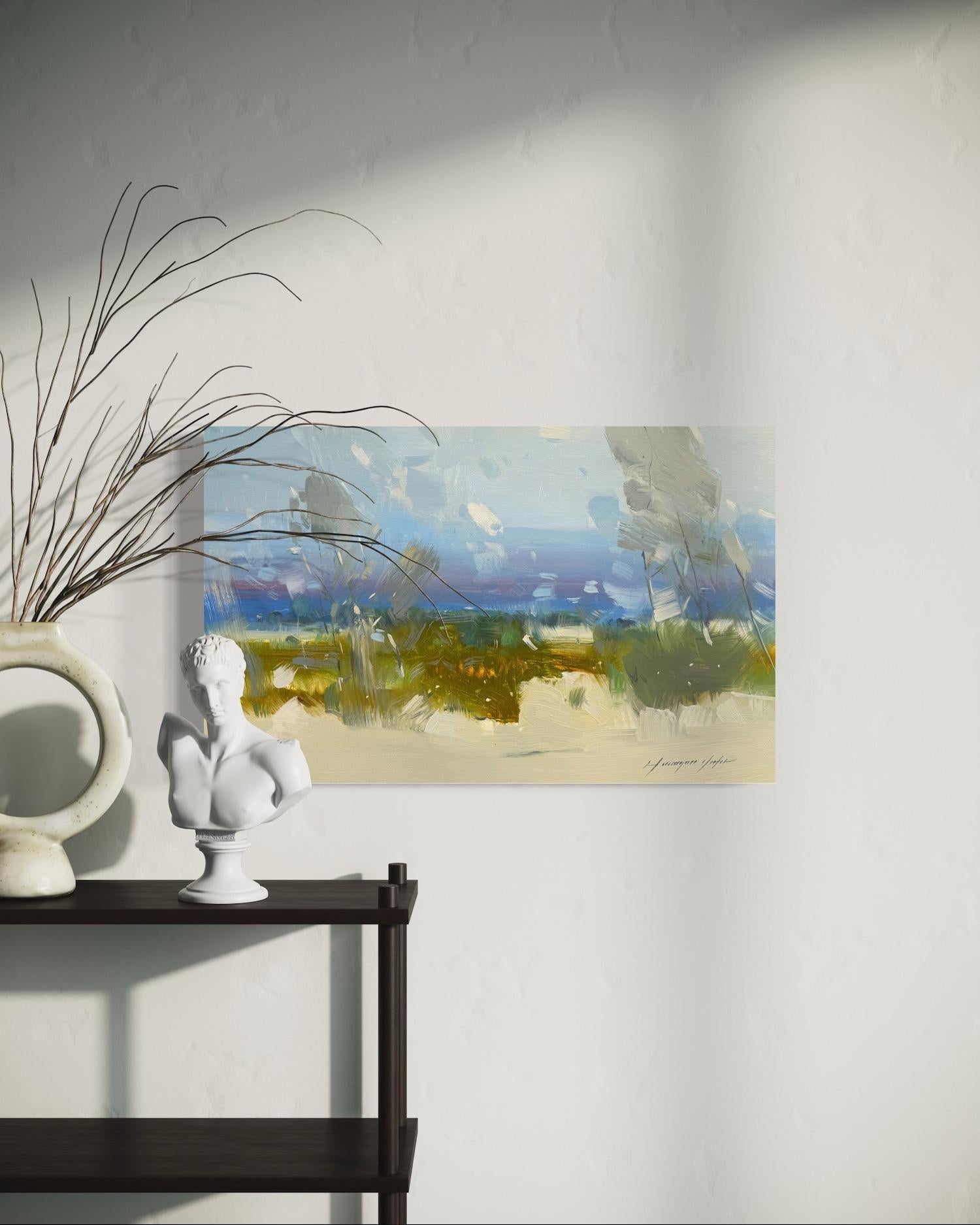 Echoes of Rain Landscape Impressionisme Peinture à l'huile originale, prête à accrocher - Gris Landscape Painting par Vahe Yeremyan