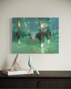 „Emerald Forest Landscape“ – Original-Ölgemälde, fertig zum Aufhängen