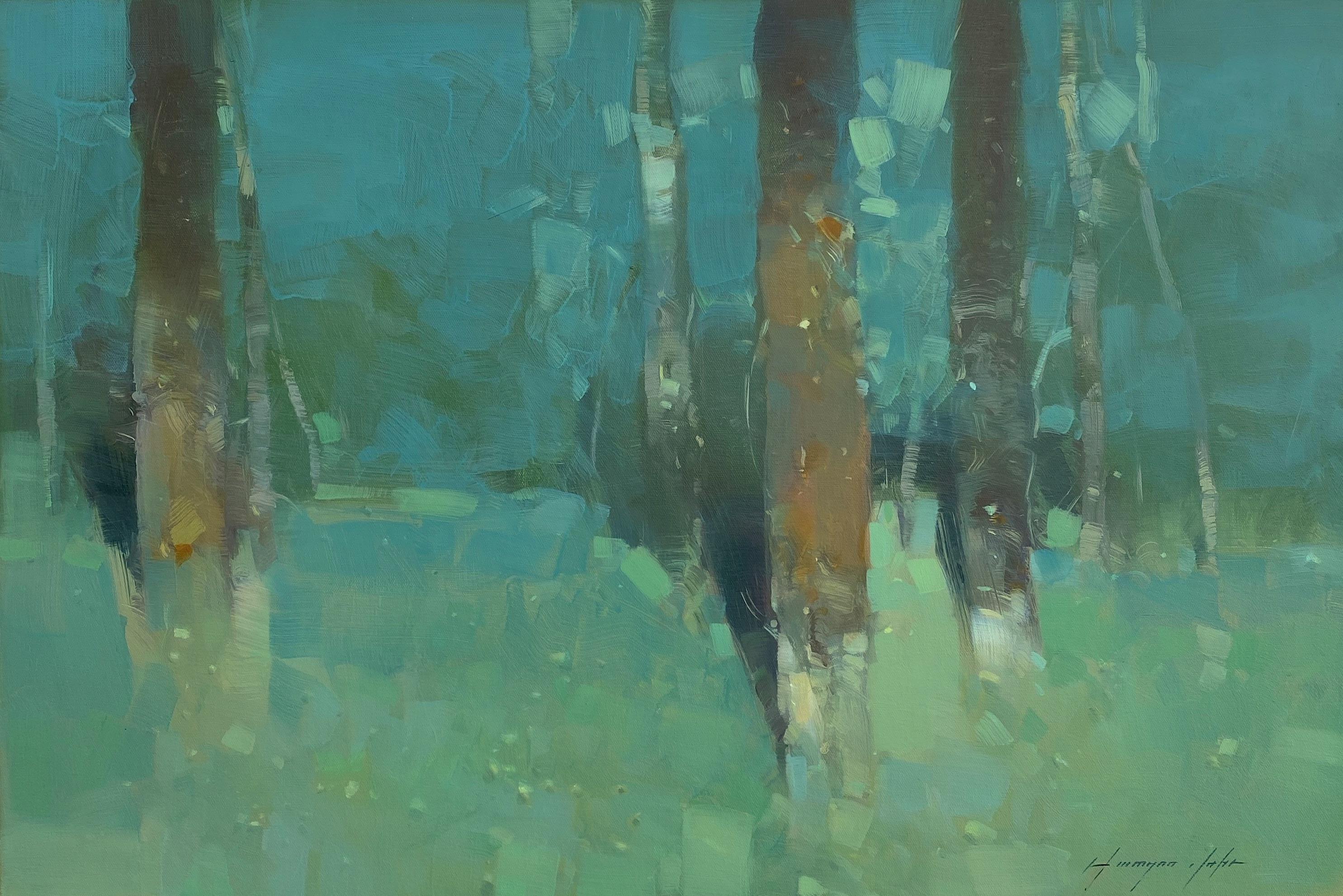 Vahe Yeremyan Landscape Painting – Smaragdgrüner Garten, Original-Ölgemälde, hängefertig