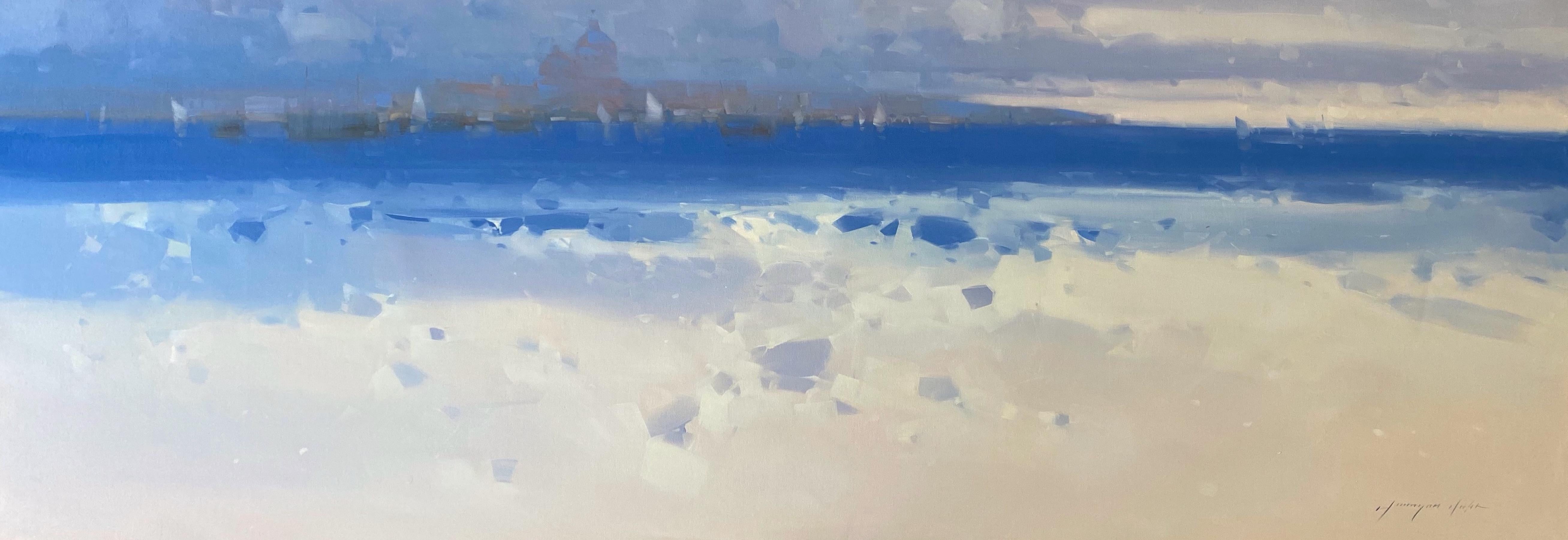 <p>Kommentare des Künstlers<br>In diesem ruhigen abstrakten Bild von Vahe Yeremyan verweilen subtile Andeutungen der Morgendämmerung unter dem kühlen lavendelfarbenen Himmel. Während der Hafen langsam erwacht, schweben weiche Wolkenbüschel über der