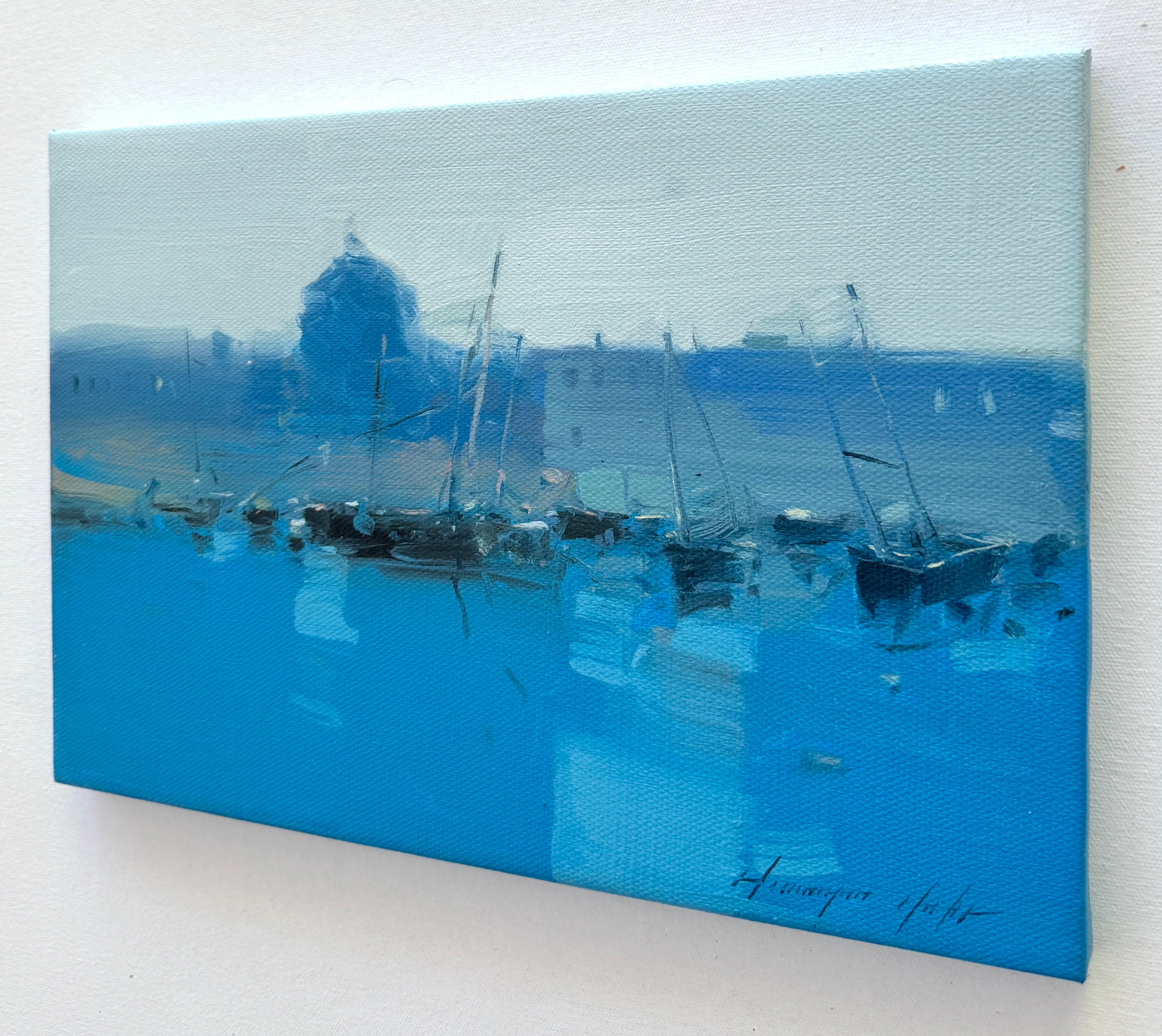 Porto di sera, Pittura ad olio originale, pronta da appendere, Impressionismo 1