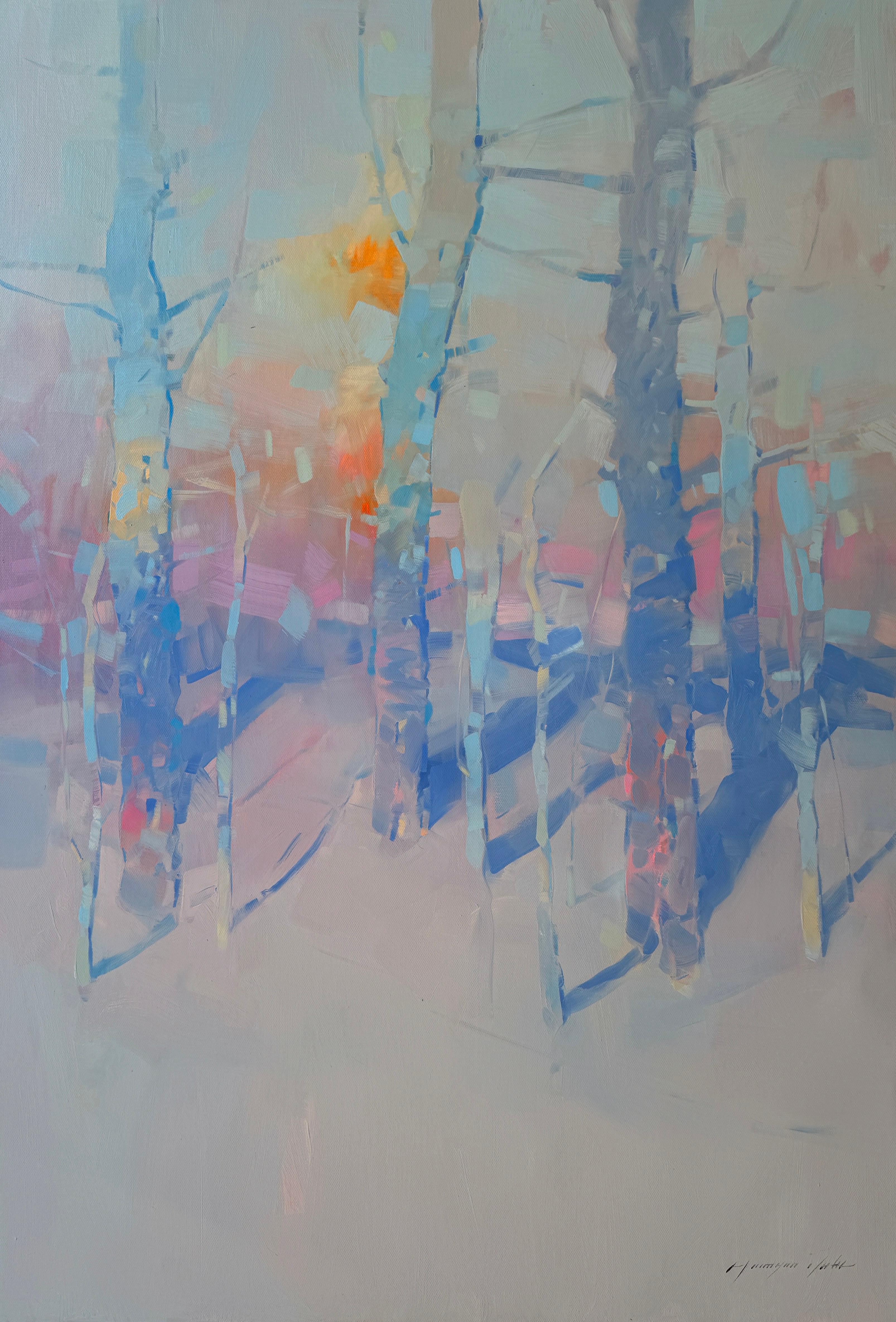 Alberi di sera Paesaggio Impressionismo Pittura ad olio originale, pronta da appendere in vendita 1