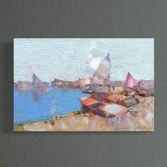 Barcos de pesca Impresionismo Pintura al óleo original, Lista para colgar