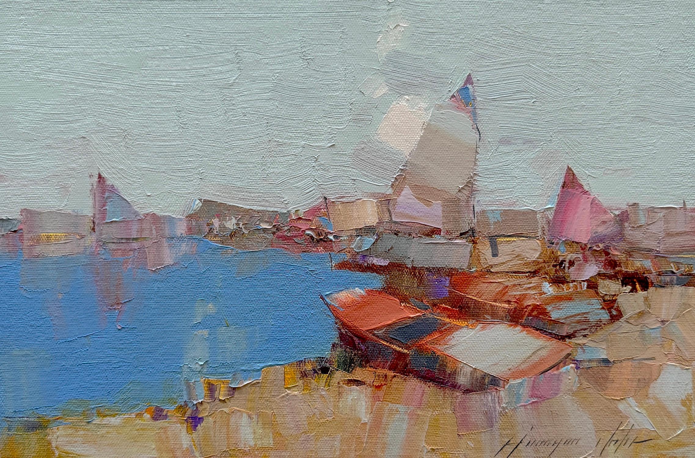 Fishing Boats Impressionism Original oil Painting, Ready to Hang