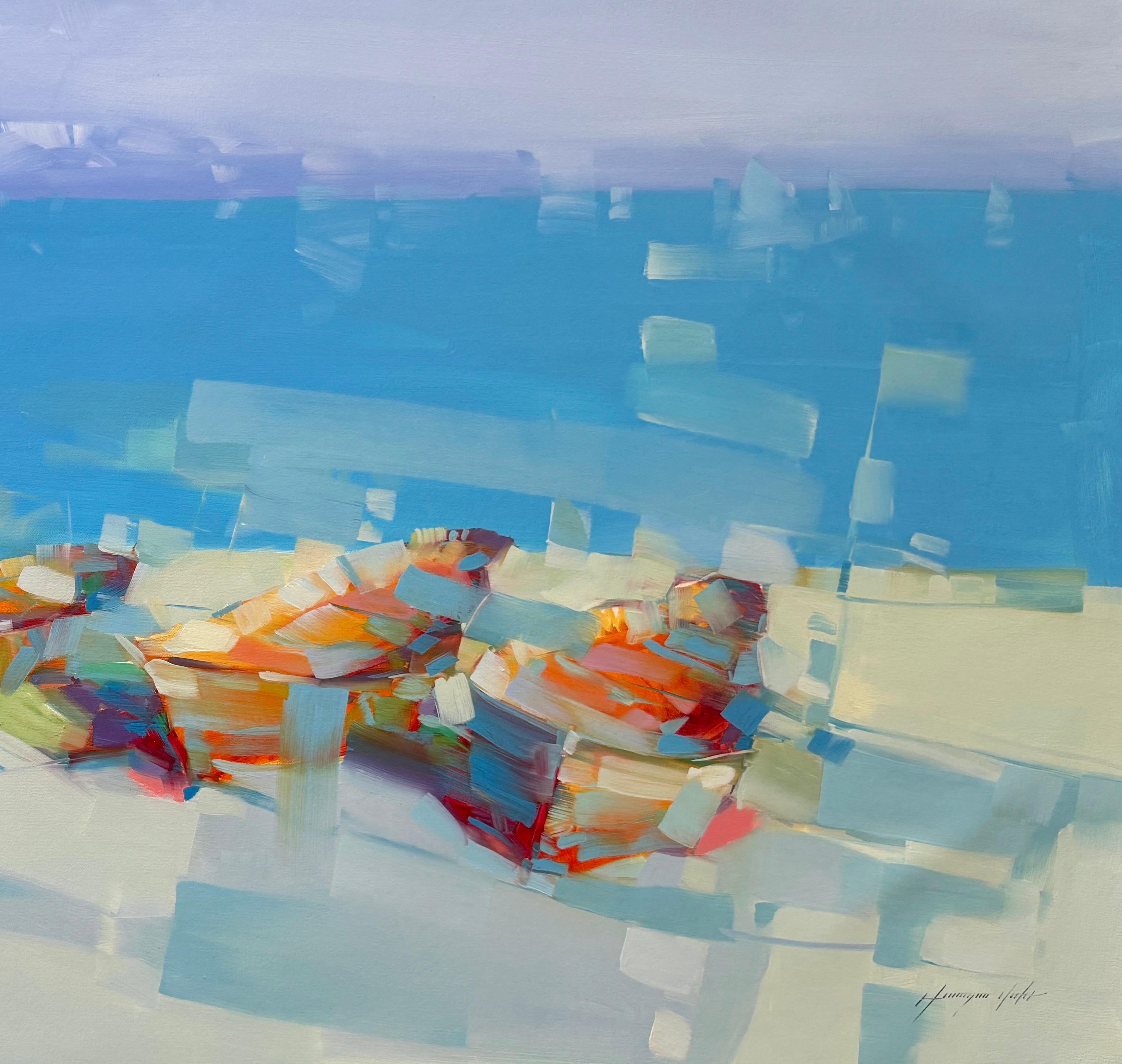 Barche da pesca, Impressionismo nautico Pittura ad olio originale, pronta da appendere - Landscape Painting Grigio di Vahe Yeremyan