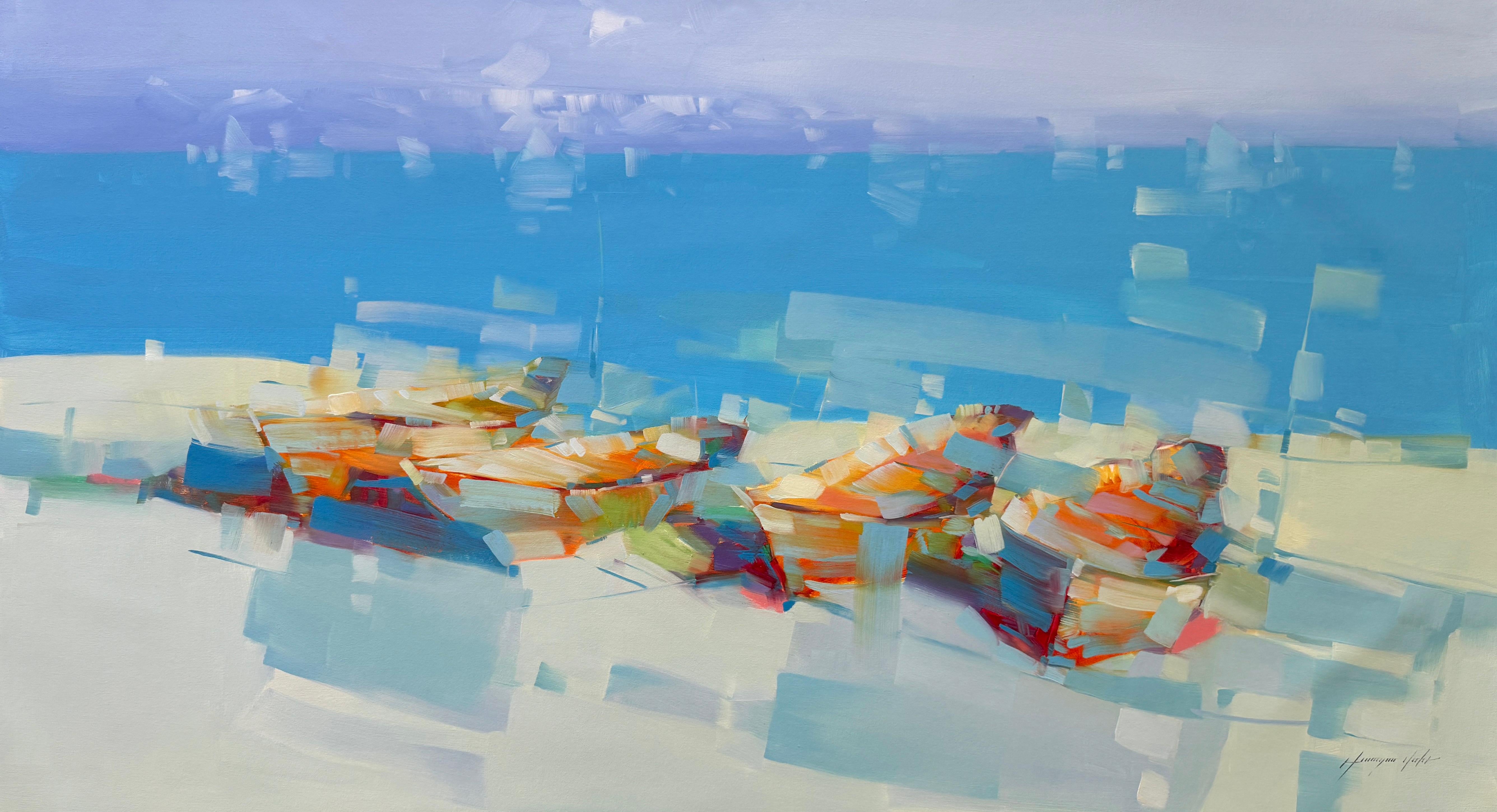Landscape Painting di Vahe Yeremyan - Barche da pesca, Impressionismo nautico Pittura ad olio originale, pronta da appendere