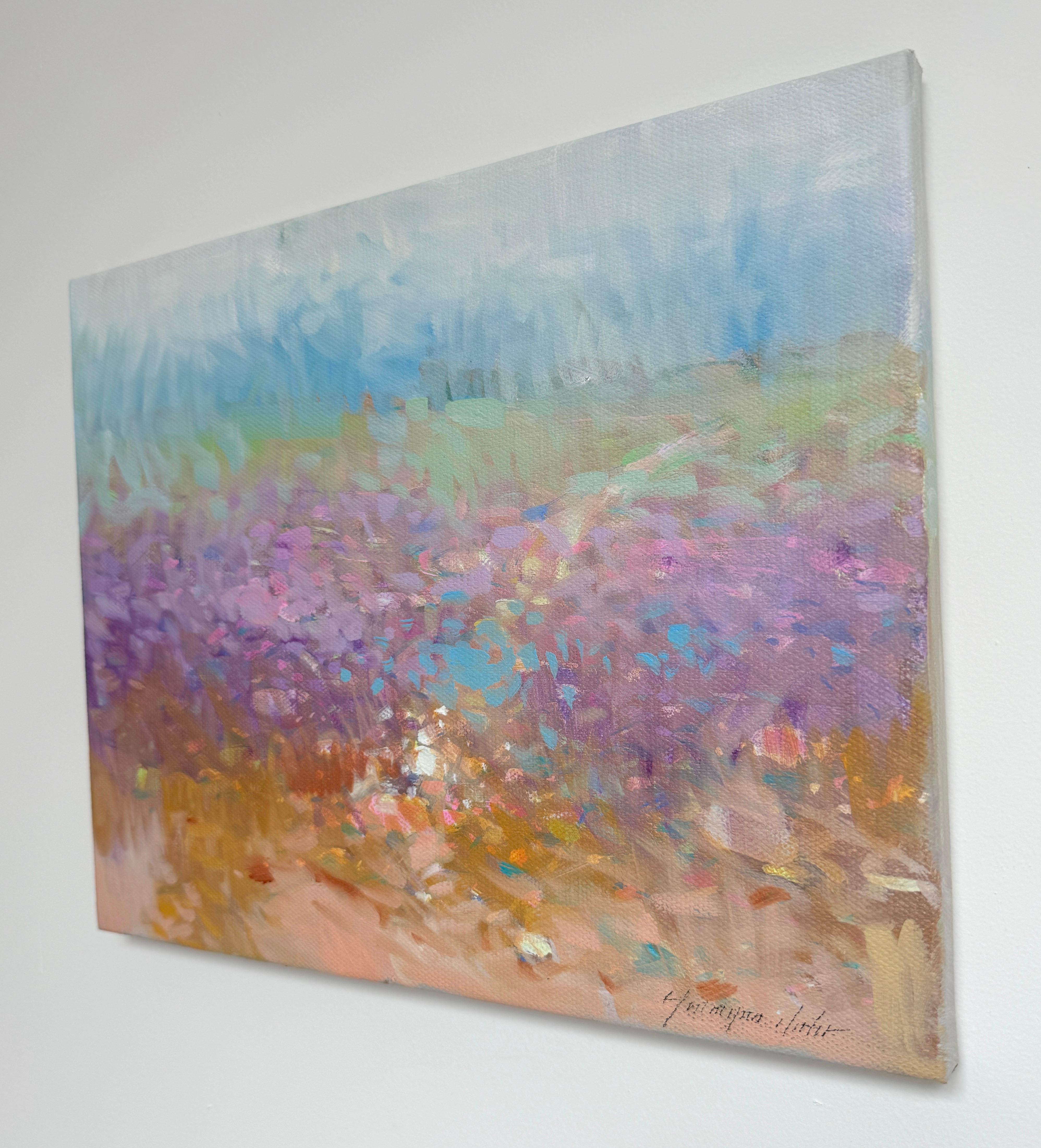 Flores Valle Paisaje Impresionismo Pintura al óleo original, Lista para colgar - Landscape Painting Gris de Vahe Yeremyan