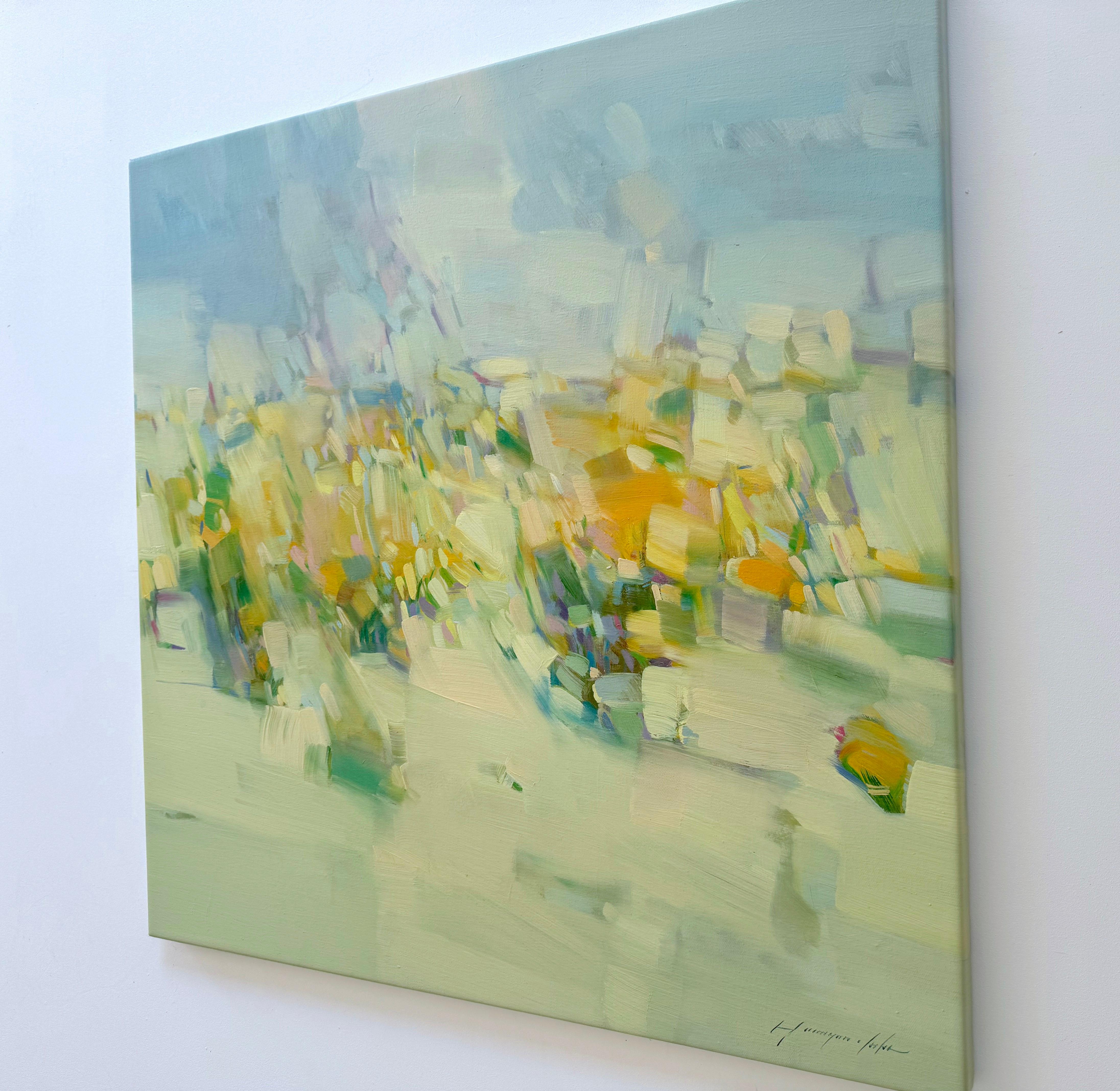 Valle dei Fiori, Paesaggio Impressionista, Pittura ad olio originale, pronta da appendere - Abstract Painting Grigio di Vahe Yeremyan
