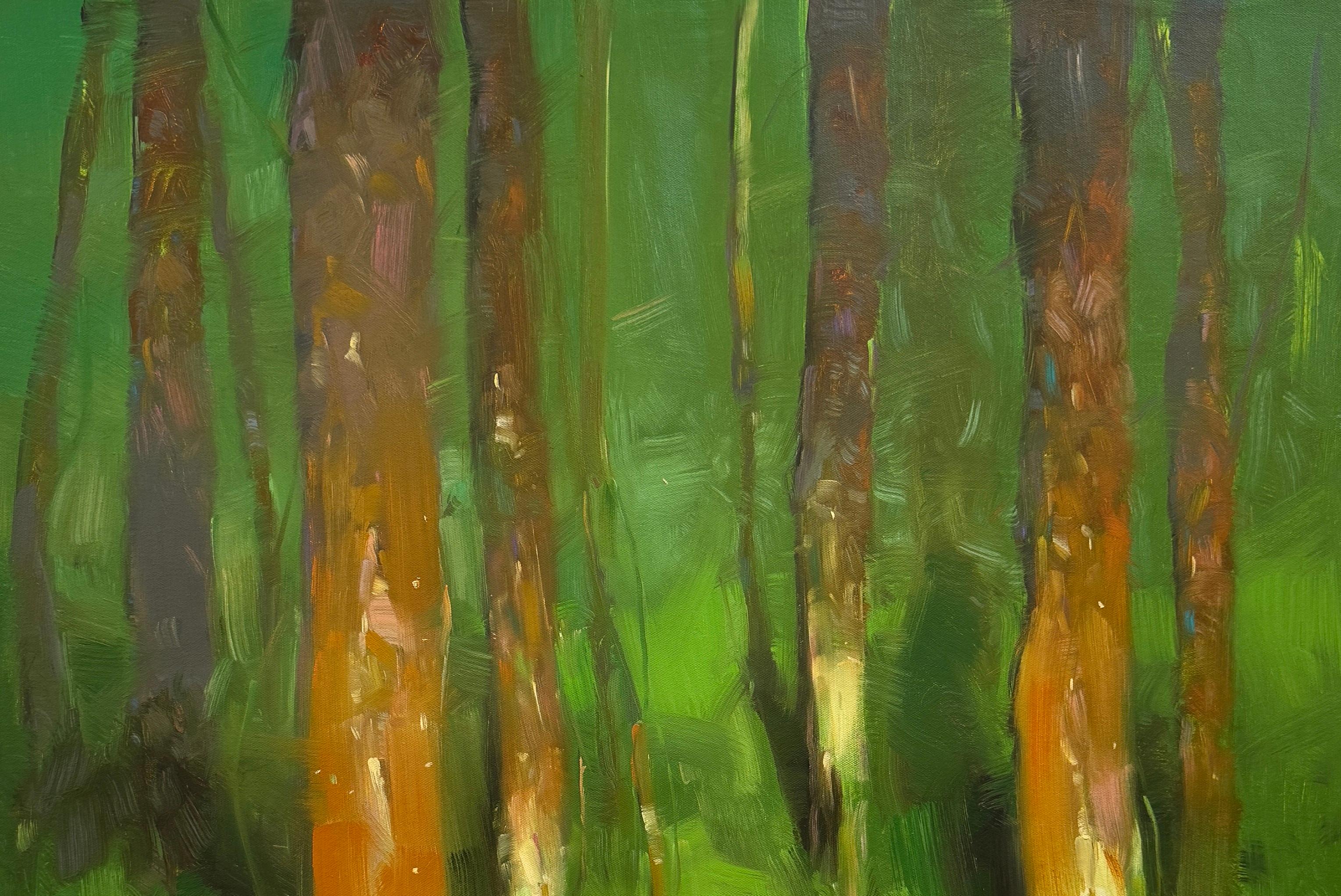 Alberi della foresta, Impressionismo Pittura ad olio originale, pronta da appendere - Landscape Painting Verde di Vahe Yeremyan
