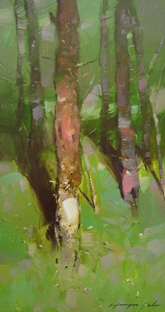 Paisaje de árboles en el bosque Pintura al óleo original, lista para colgar