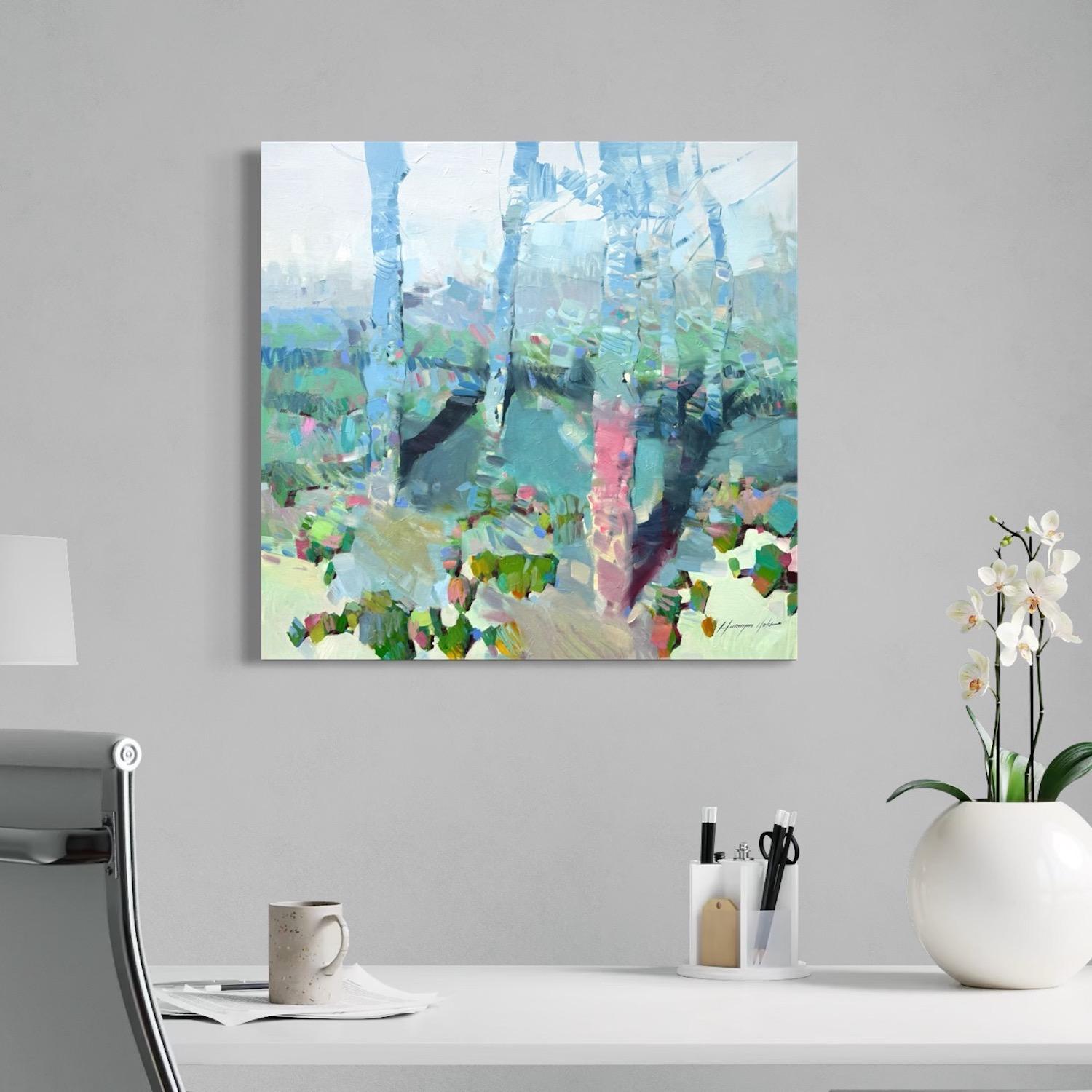 Grove Landscape Impressionism Original Painting Ready to Hang - Gray Landscape Painting by Vahe Yeremyan