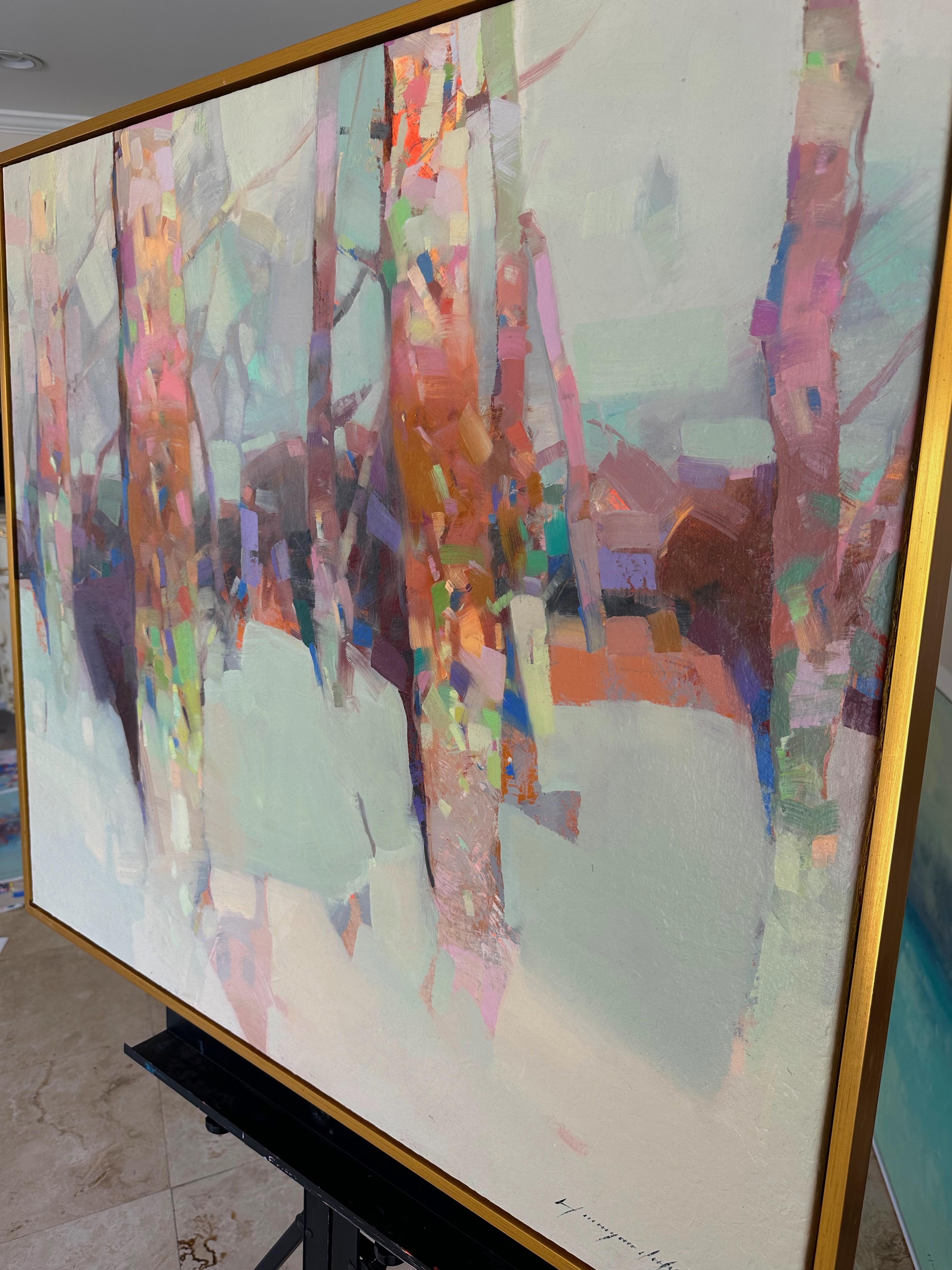 Boschetto, Opera d'arte di paesaggio, Alberi, Pittura ad olio originale, pronta da appendere, incorniciata - Abstract Painting Grigio di Vahe Yeremyan