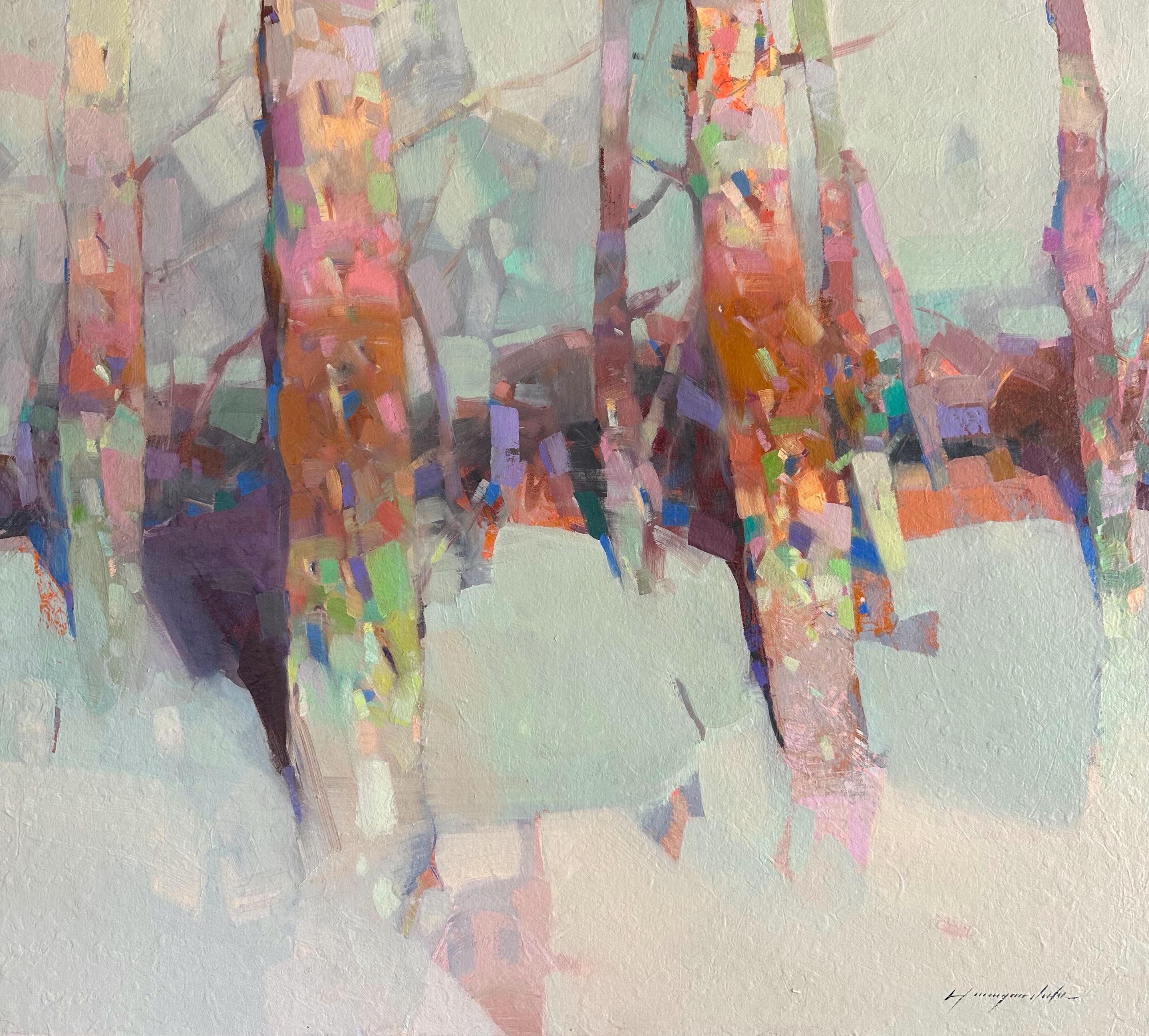Abstract Painting di Vahe Yeremyan - Boschetto, Opera d'arte di paesaggio, Alberi, Pittura ad olio originale, pronta da appendere, incorniciata