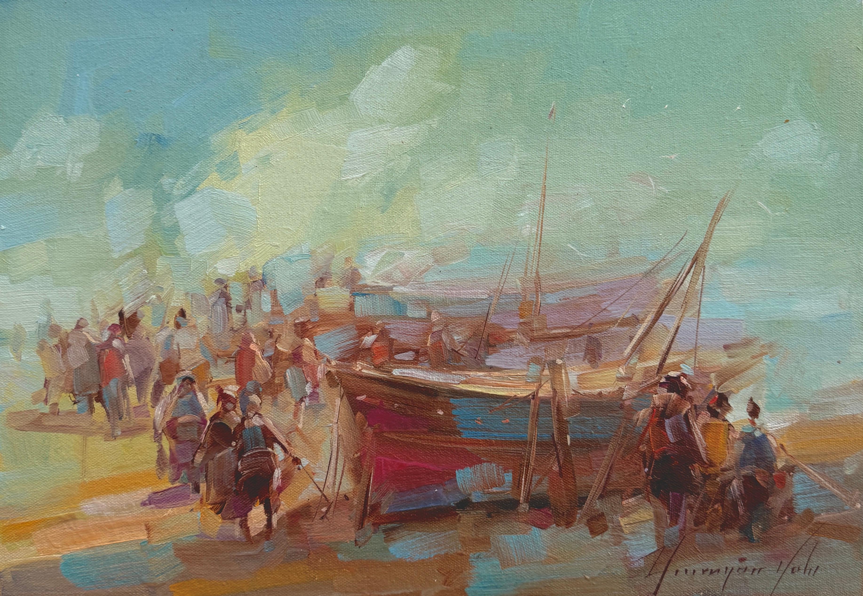 Puerto, Costero, Folk, Impresionismo Pintura al óleo original, Lista para colgar