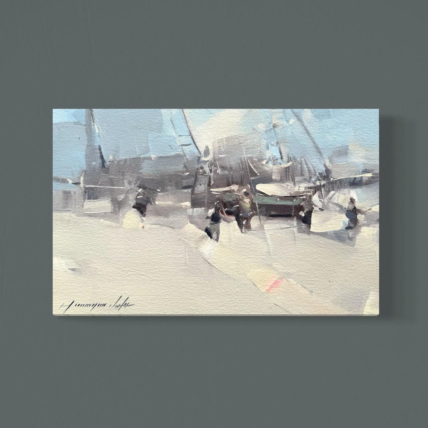 Porto impressionista Pittura ad olio originale, pronta da appendere - Painting di Vahe Yeremyan