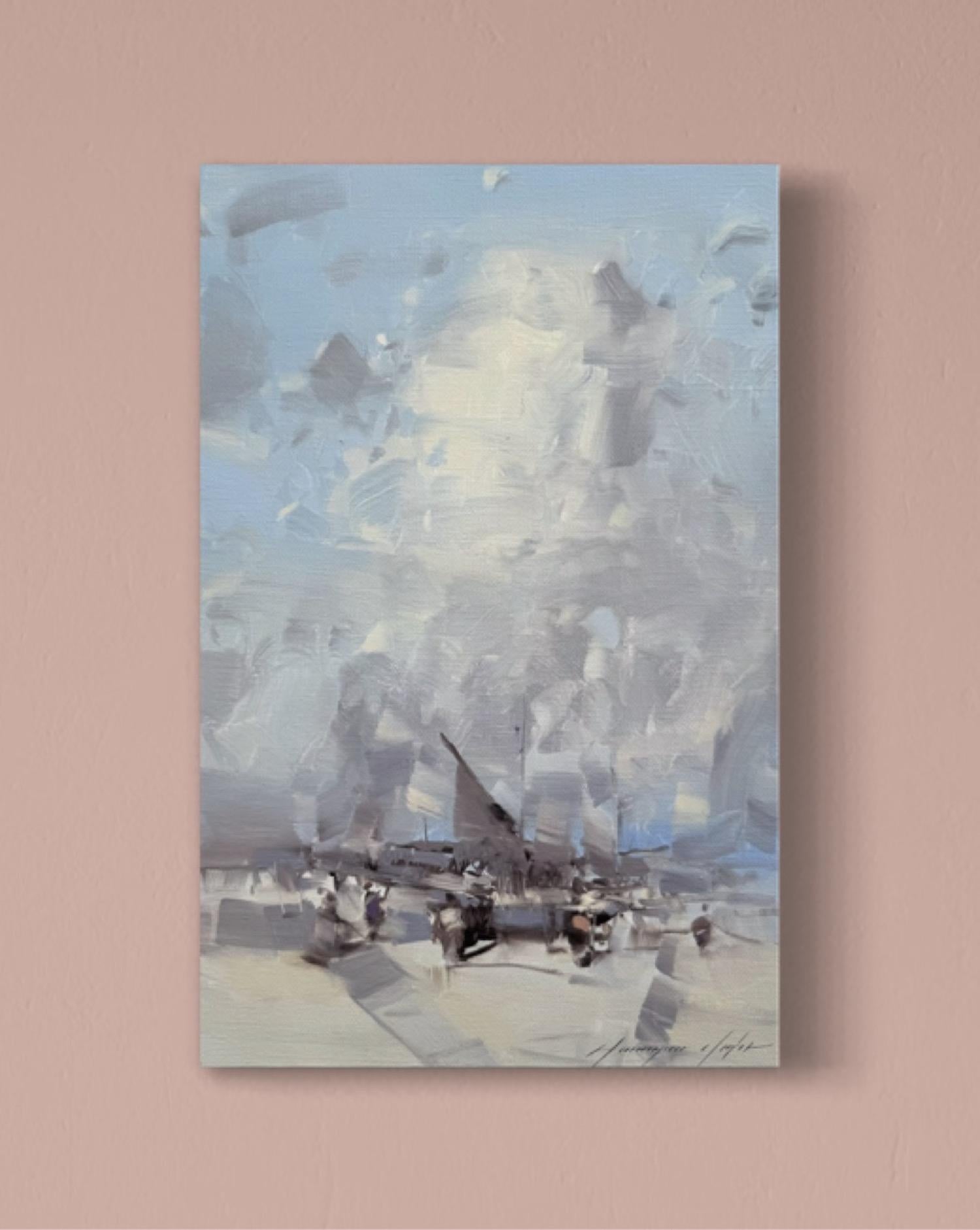 Hafen Impressionismus Original Ölgemälde, hängefertig (Grau), Landscape Painting, von Vahe Yeremyan