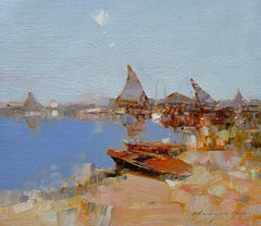 Harbor Impressionism Original oil Painting, Ready to Hang