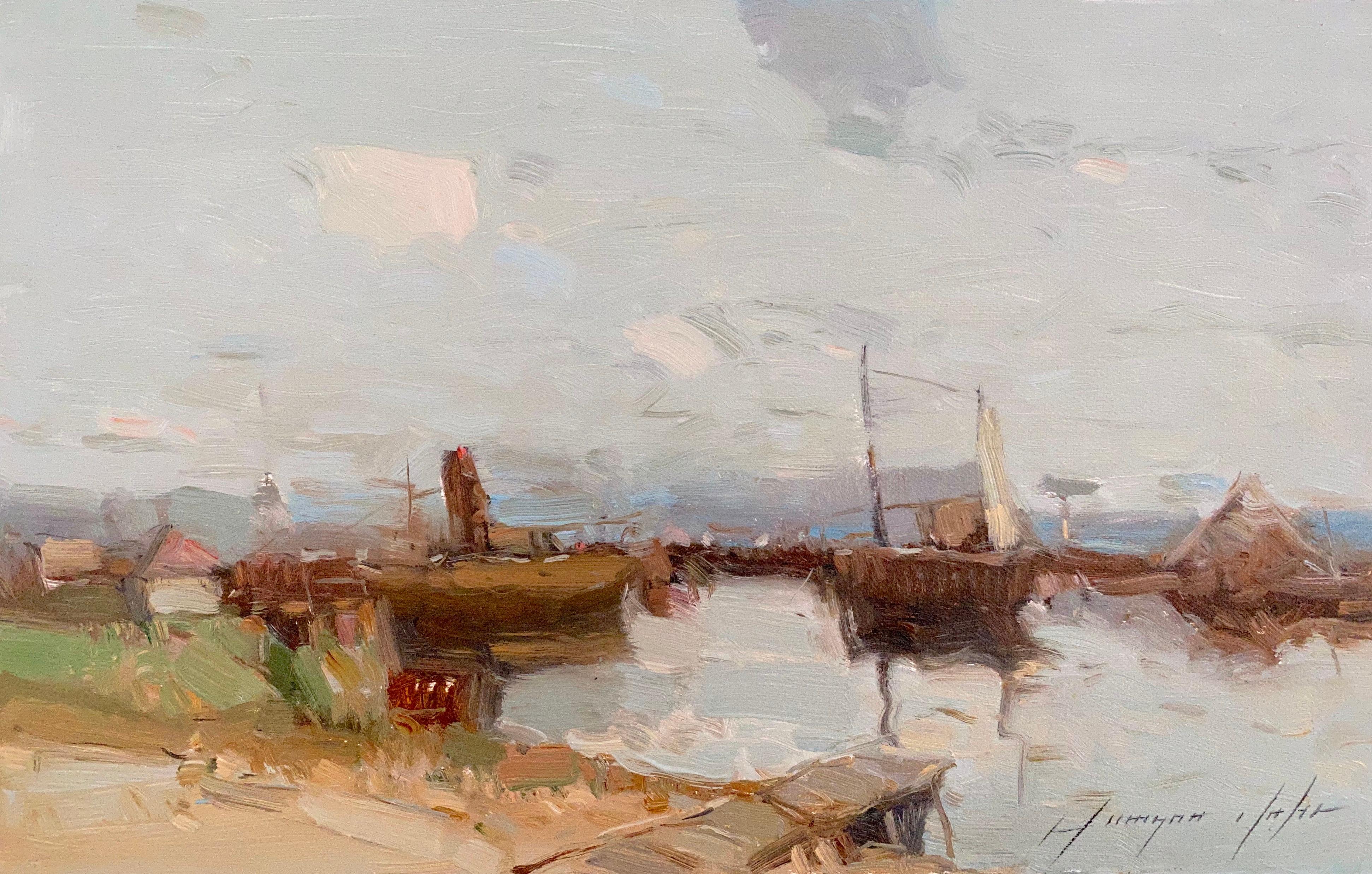 Vahe Yeremyan Landscape Painting - Harbor, Original Oil Painting, Handmade Artwork