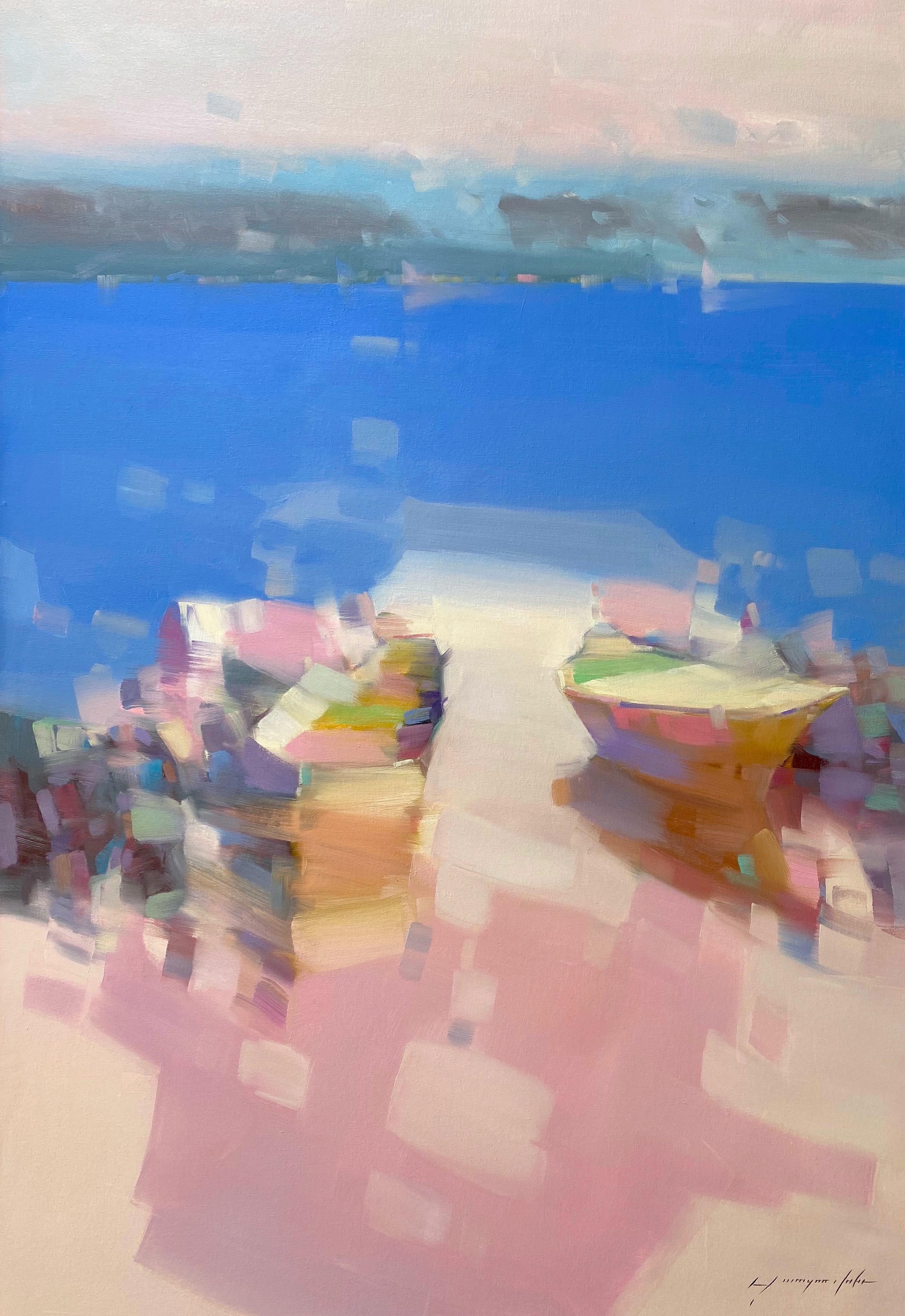 Puerto, Costa, Paisaje marino, Pintura al óleo original, Lista para colgar