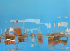 Harbor, abstrait, nautique, peinture à l'huile originale, prête à être accrochée