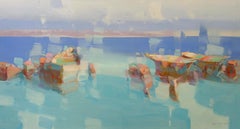 Harbor, Coastal Impressionism Boats, Original oil Painting, Ready to Hang