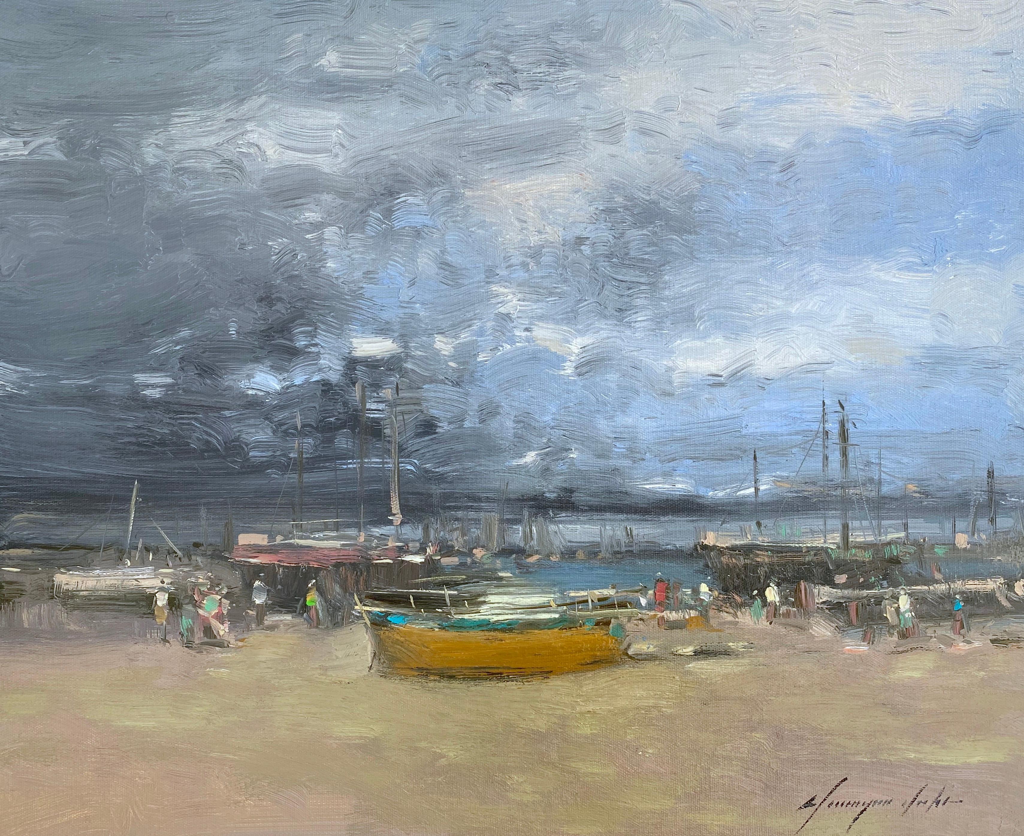 Vahe Yeremyan Landscape Painting - Harbor,  Original oil Painting, Ready to Hang