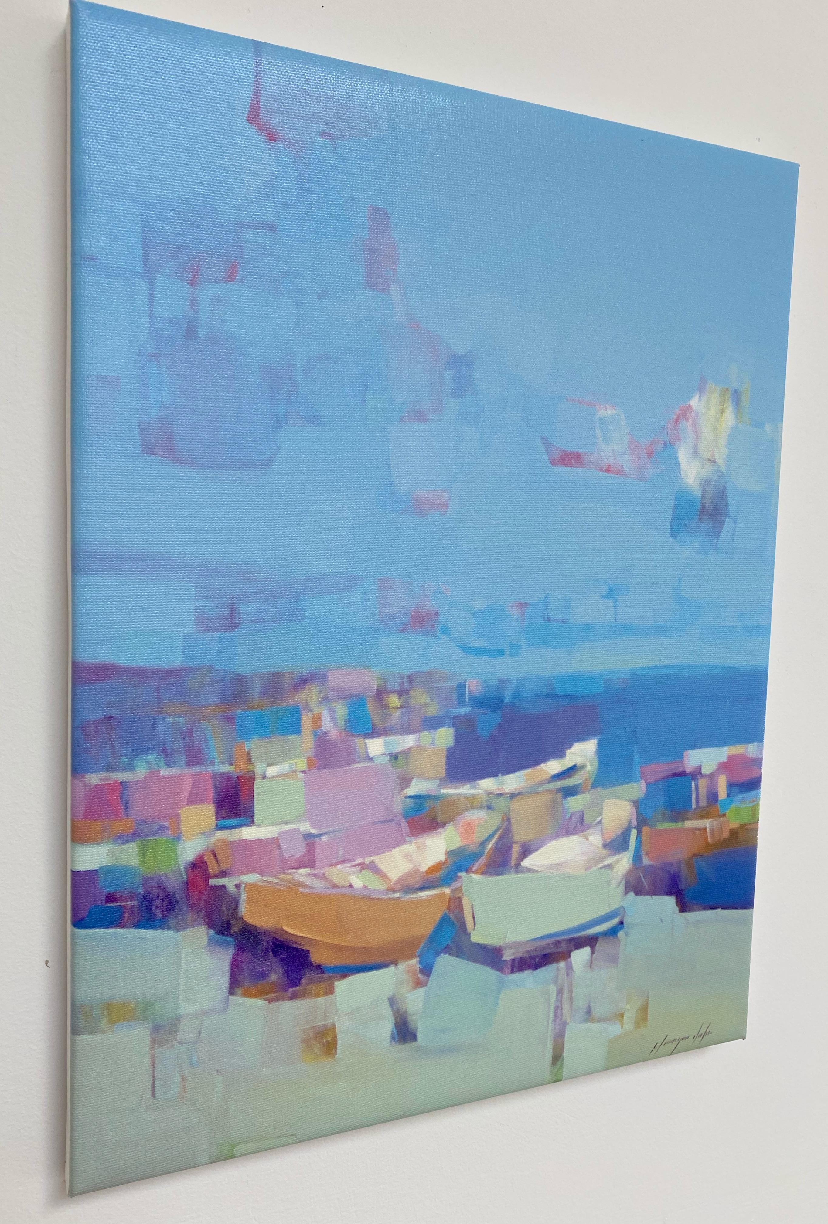 Harbor, Print on Canvas - Blue Landscape Painting by Vahe Yeremyan