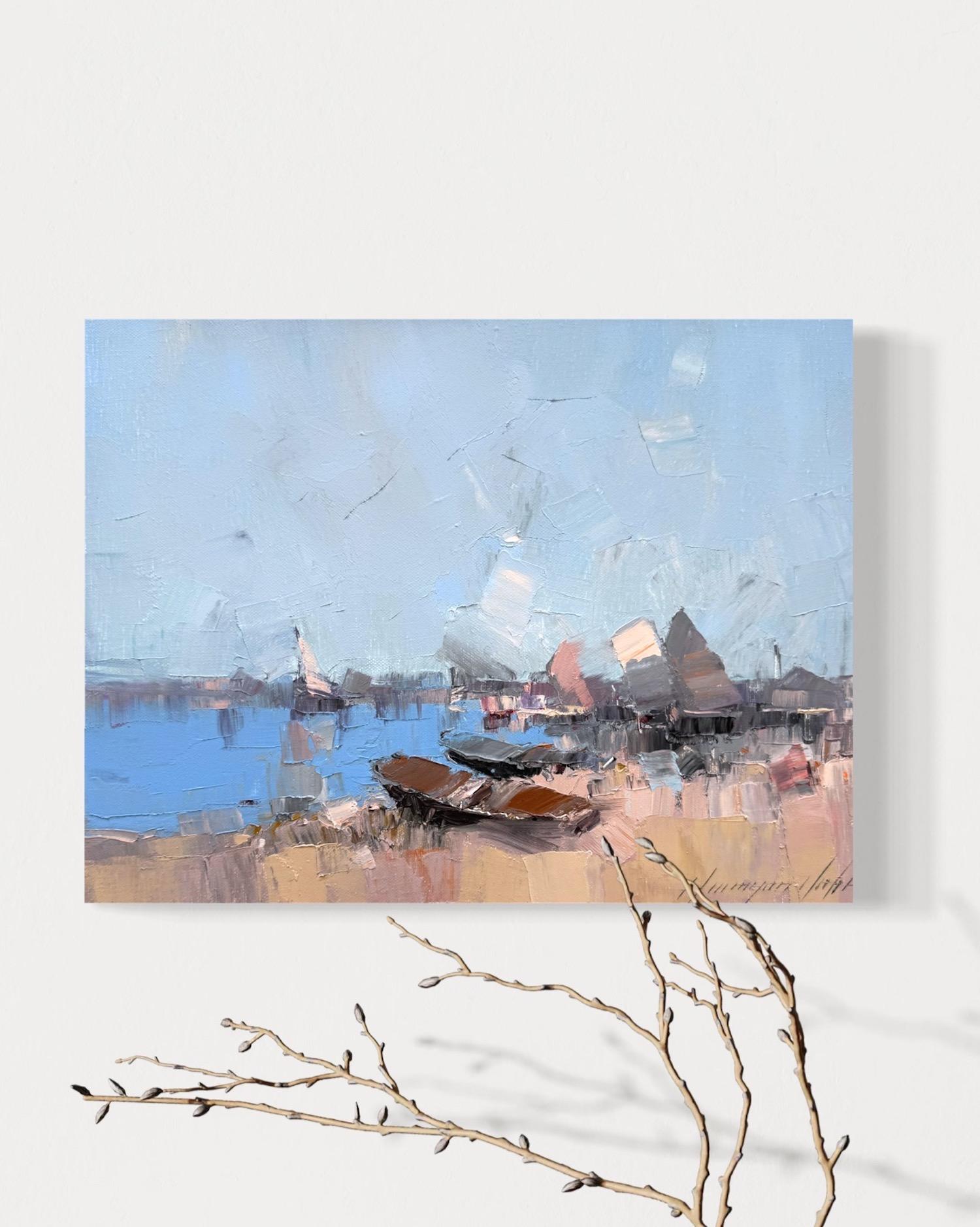 Harbor Seascape Impressionism Original Painting Ready to Hang - Gray Landscape Painting by Vahe Yeremyan
