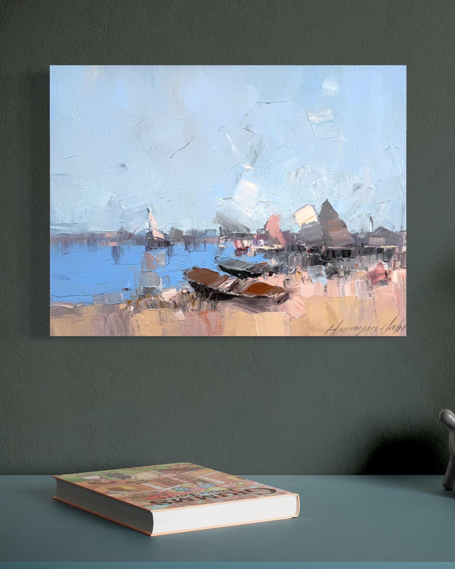 Harbor Seascape Impressionism Original Painting Ready to Hang For Sale 1