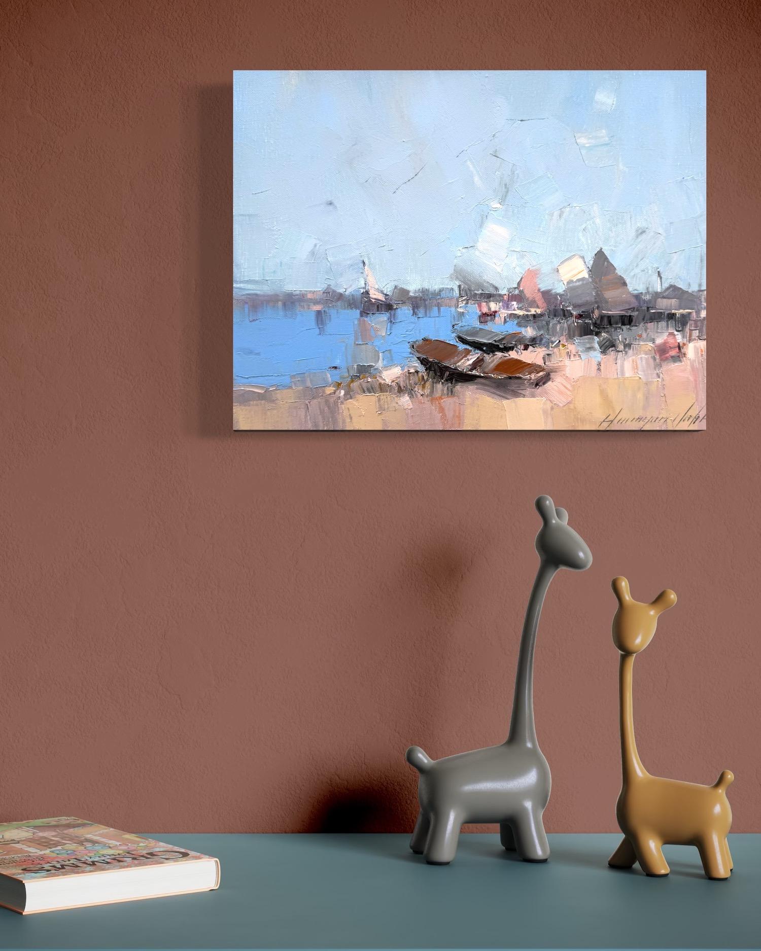 Harbor Seascape Impressionism Original Painting Ready to Hang For Sale 2