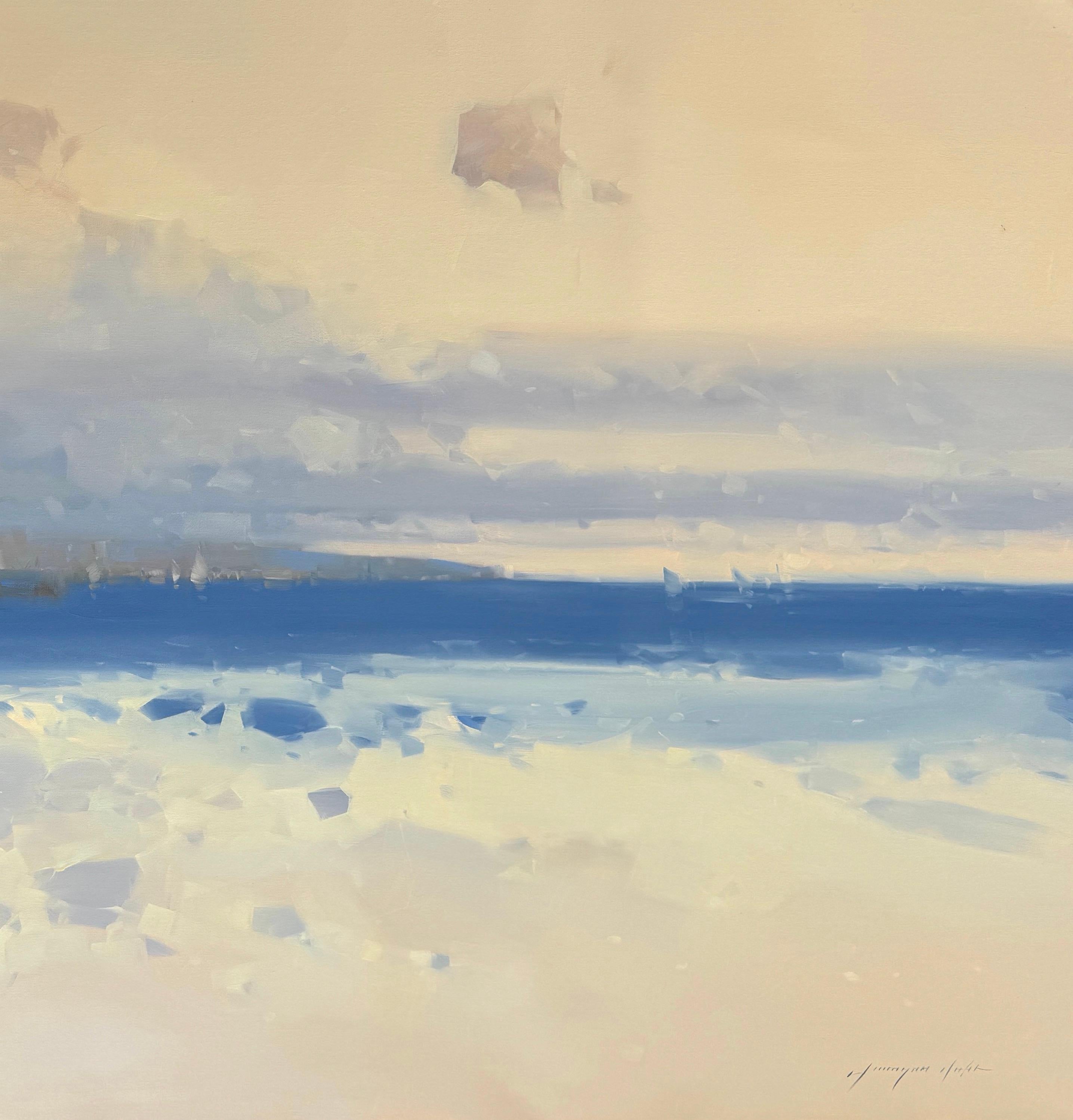 Orizzonte, Impressionismo Pittura ad olio originale, pronta da appendere - Landscape Painting Beige di Vahe Yeremyan