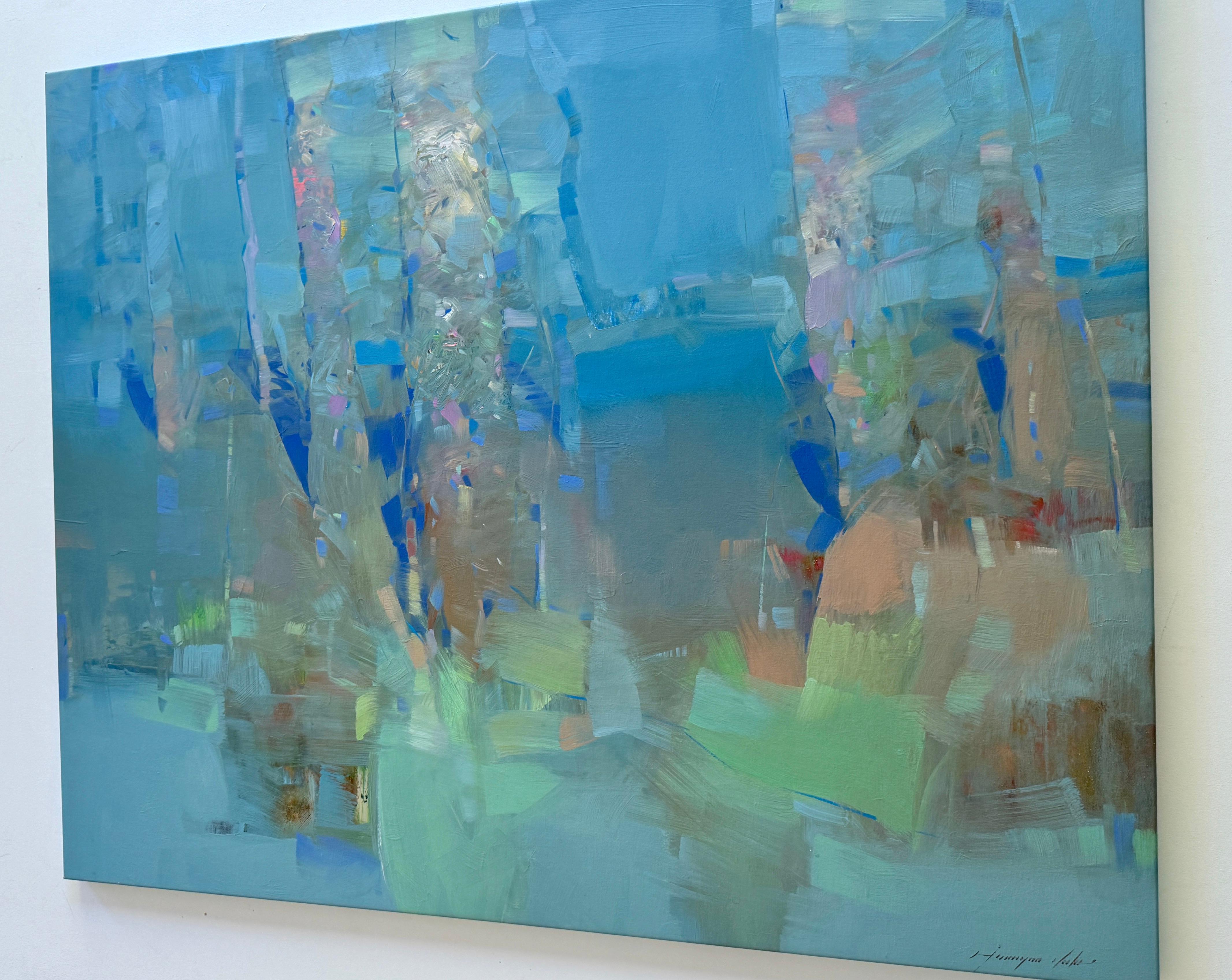 Alberi indaco, Paesaggio Impressionismo Pittura ad olio originale, pronta da appendere in vendita 1