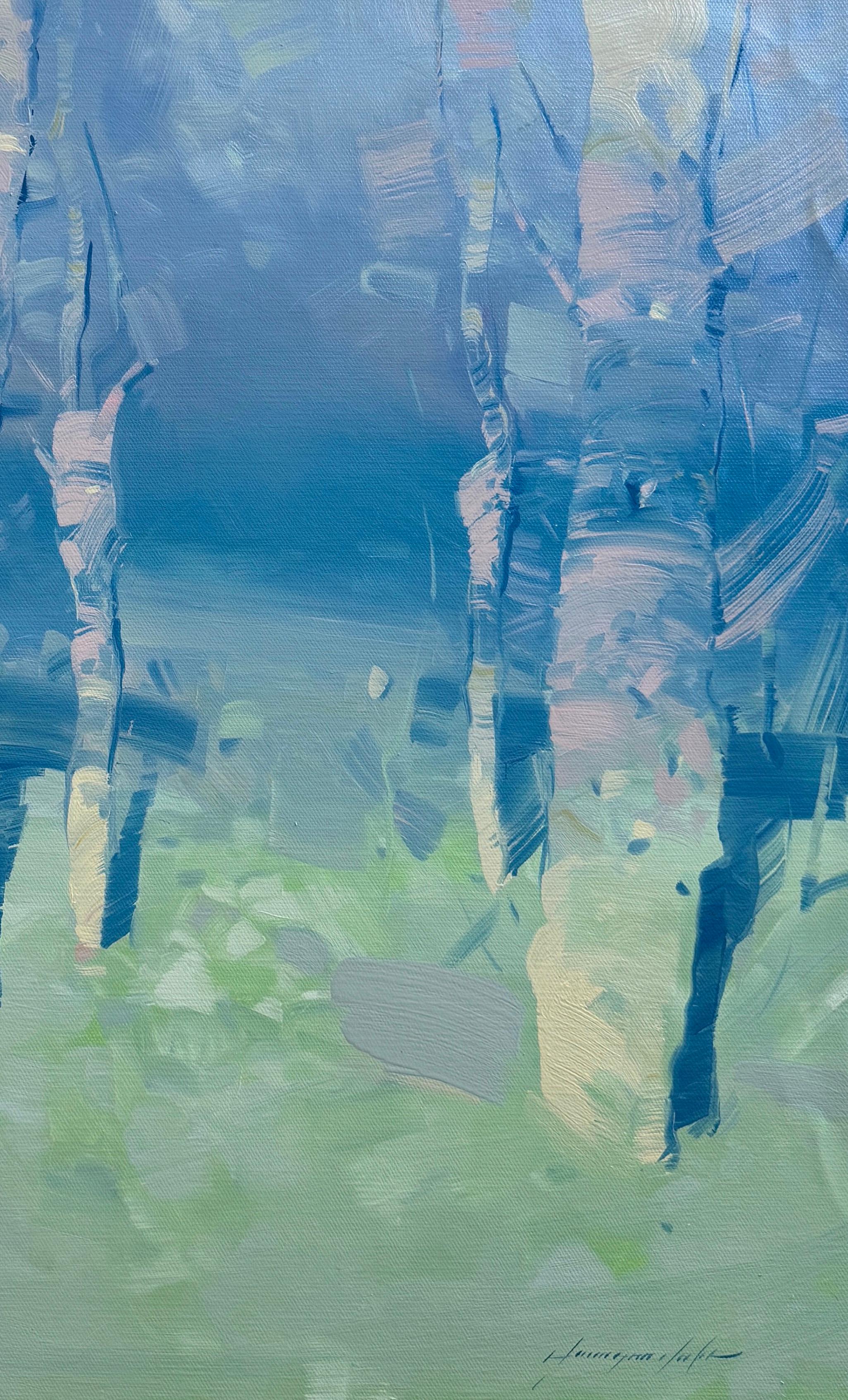 Alberi indaco, Paesaggio Impressionismo Pittura ad olio originale, pronta da appendere - Landscape Painting Blu di Vahe Yeremyan