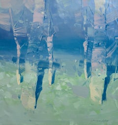 Alberi indaco, Paesaggio Impressionismo Pittura ad olio originale, pronta da appendere
