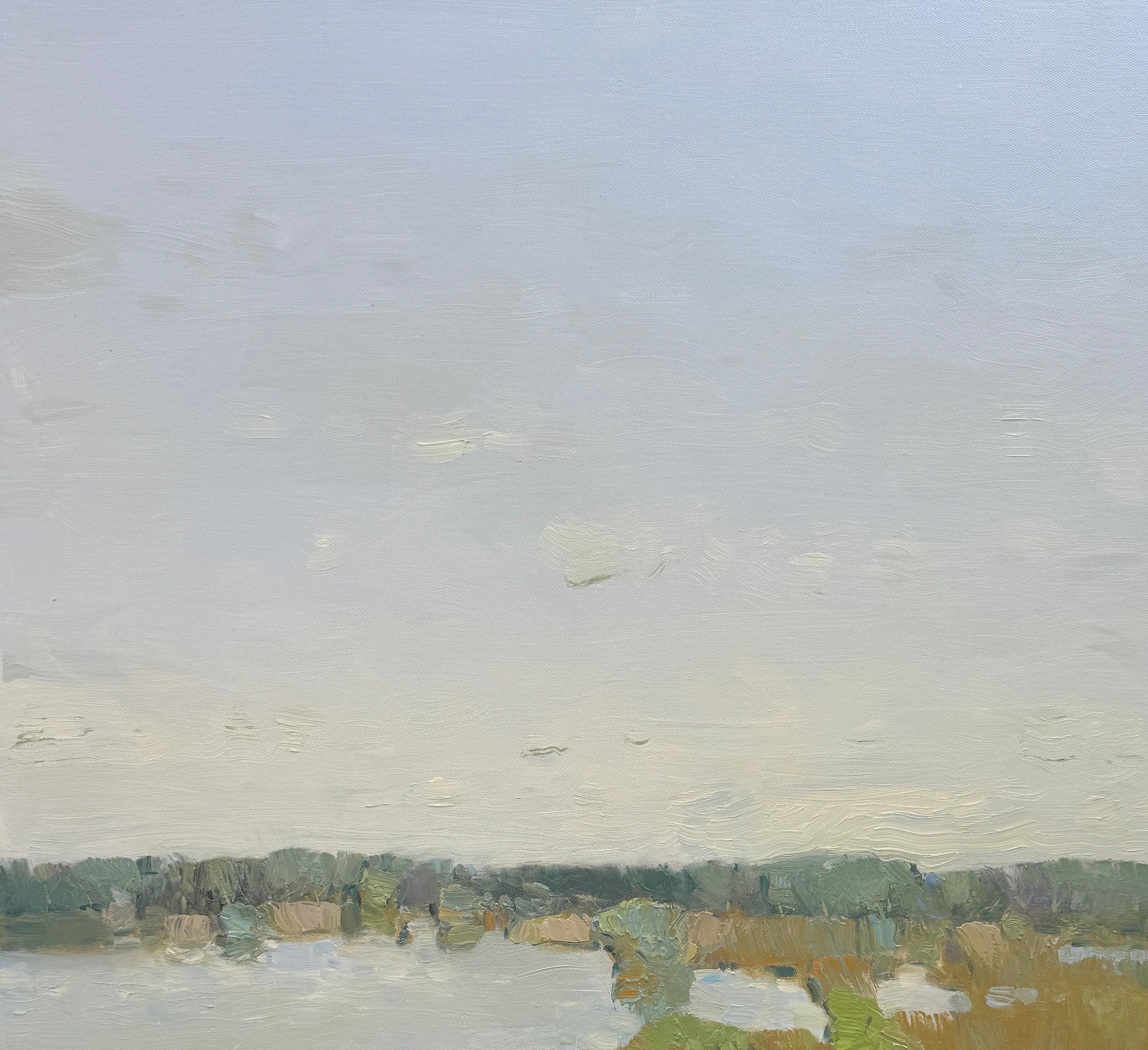 Lato lago, Paesaggio, Pittura a olio originale, Pronta da appendere, Impressionismo - Landscape Painting Grigio di Vahe Yeremyan