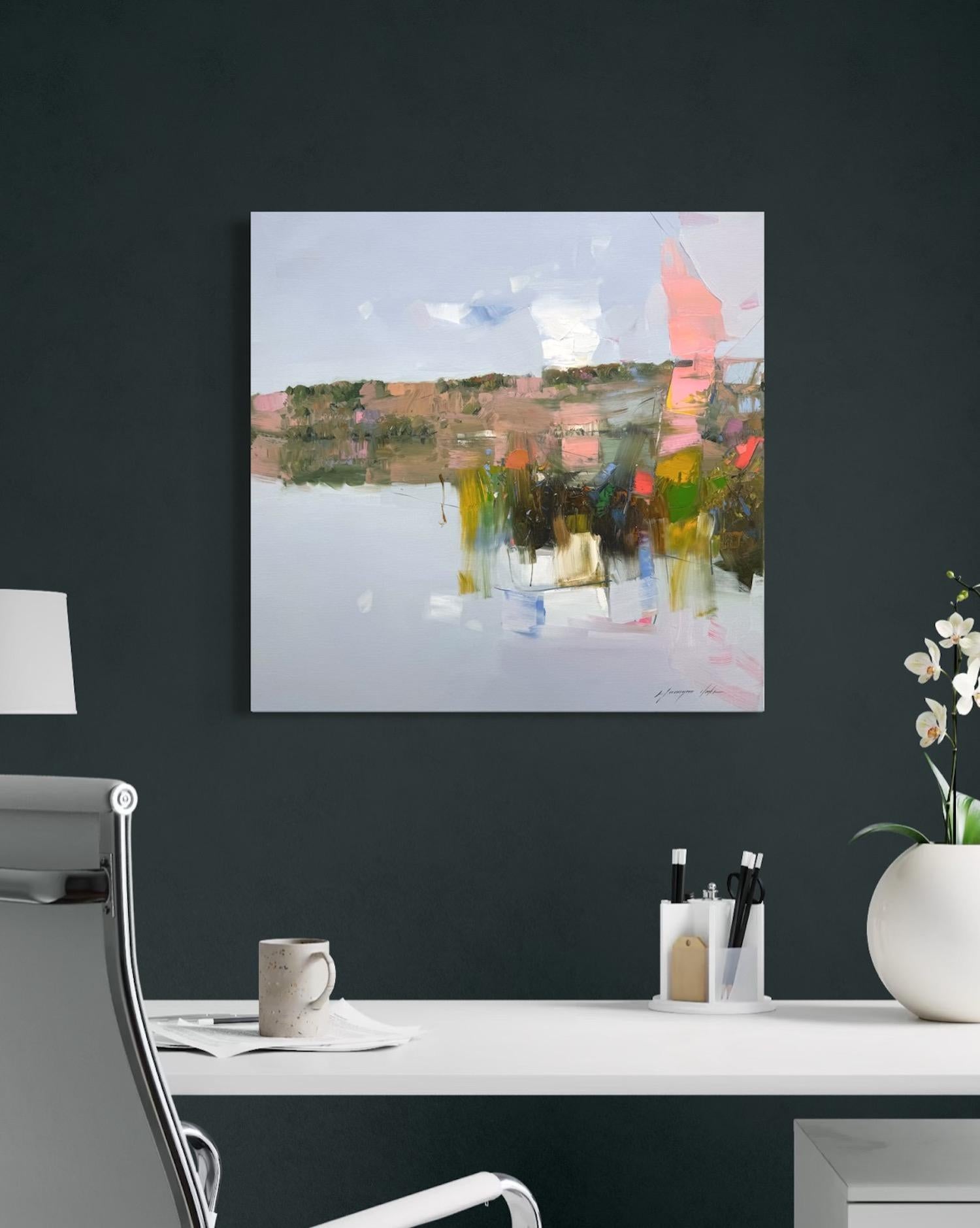 Réflexions lacustres Impressionnisme Peinture à l'huile originale, prête à être accrochée - Gris Landscape Painting par Vahe Yeremyan