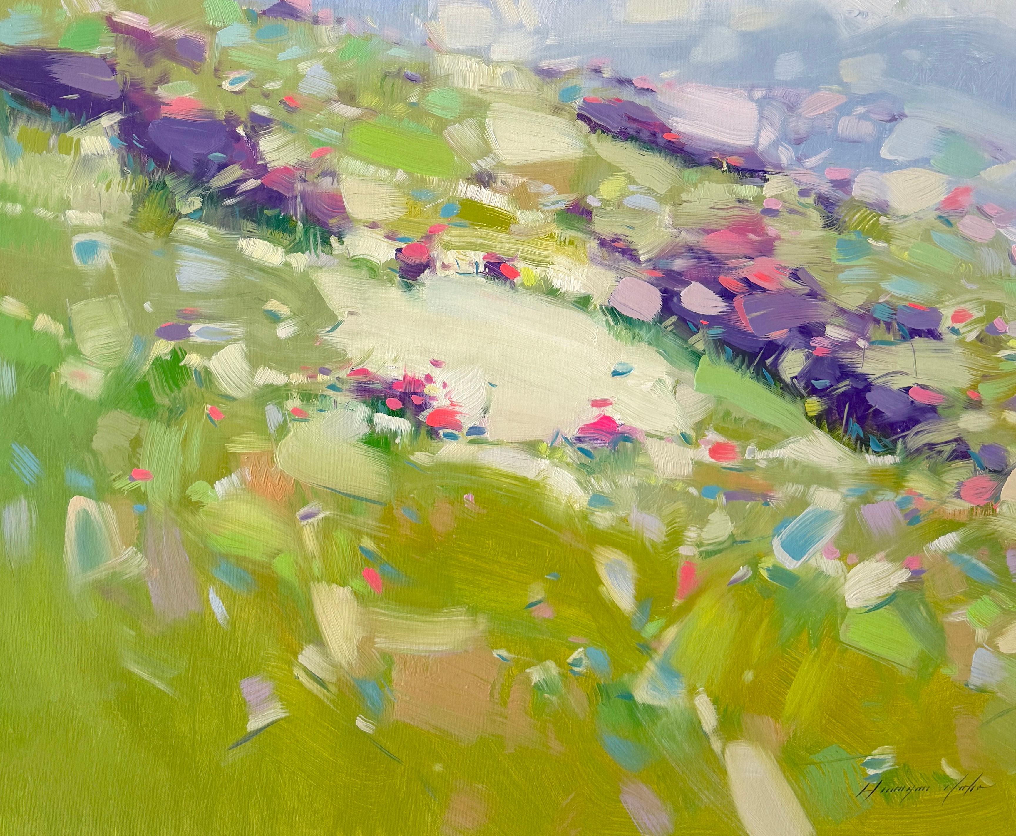 Valle dei lavandai, Impressionismo Pittura ad olio originale, pronta da appendere - Landscape Painting Beige di Vahe Yeremyan