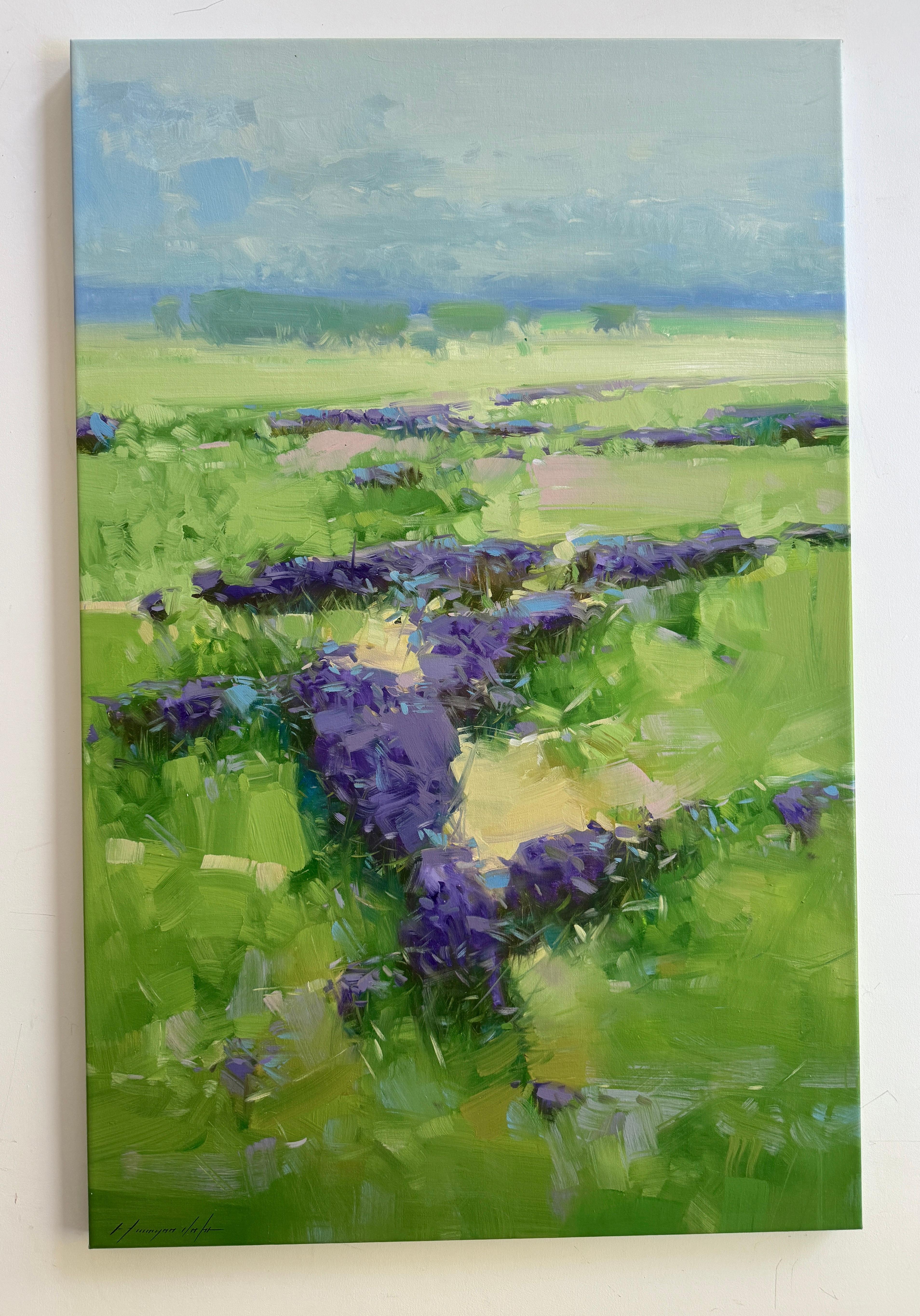 Lavenders Valley Landscape Impressionism Original oil Painting, Ready to Hang - Gray Landscape Painting by Vahe Yeremyan