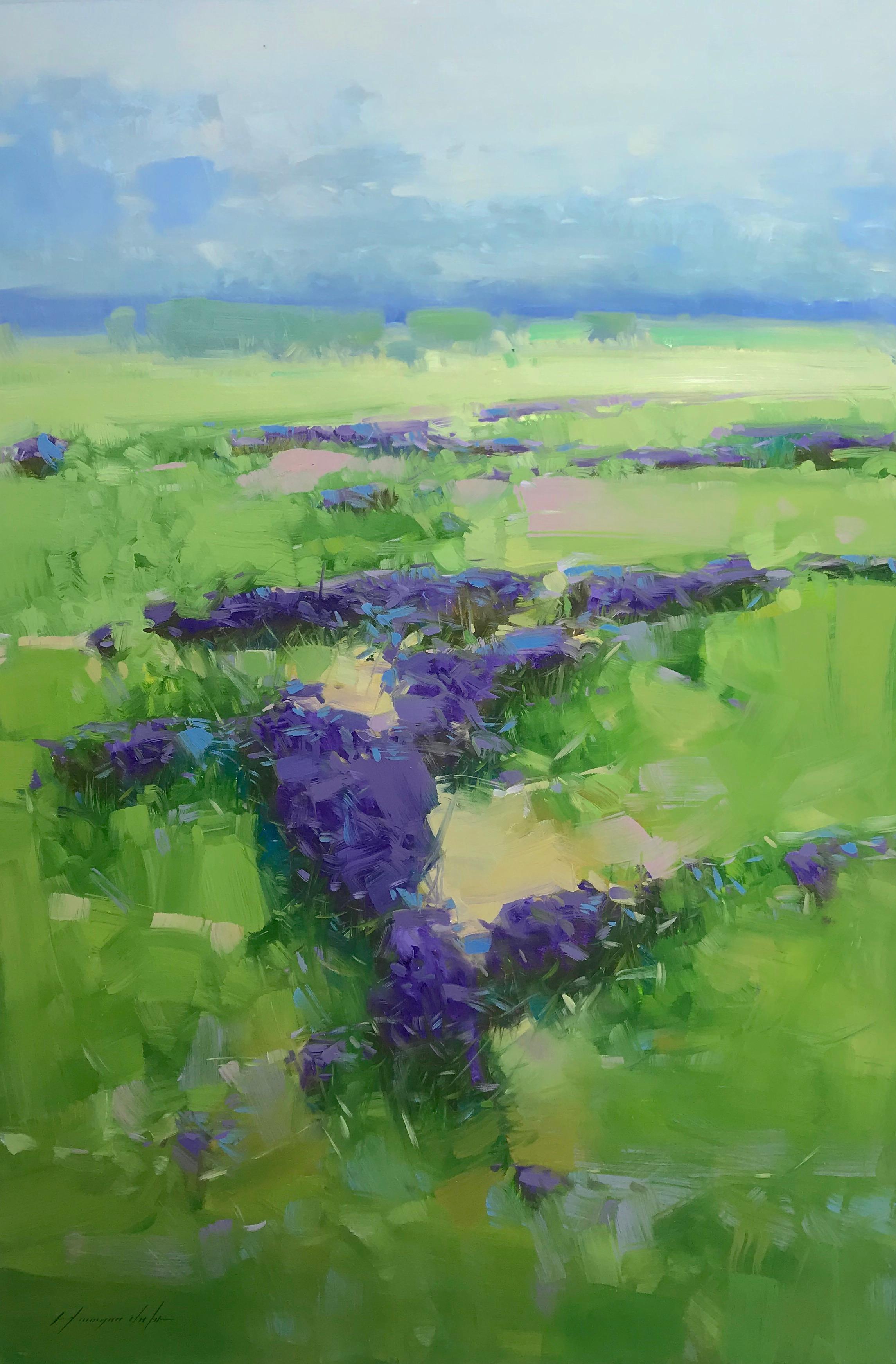 Lavenders Valley, Landscape Original Oil Painting, Handmade Artwork