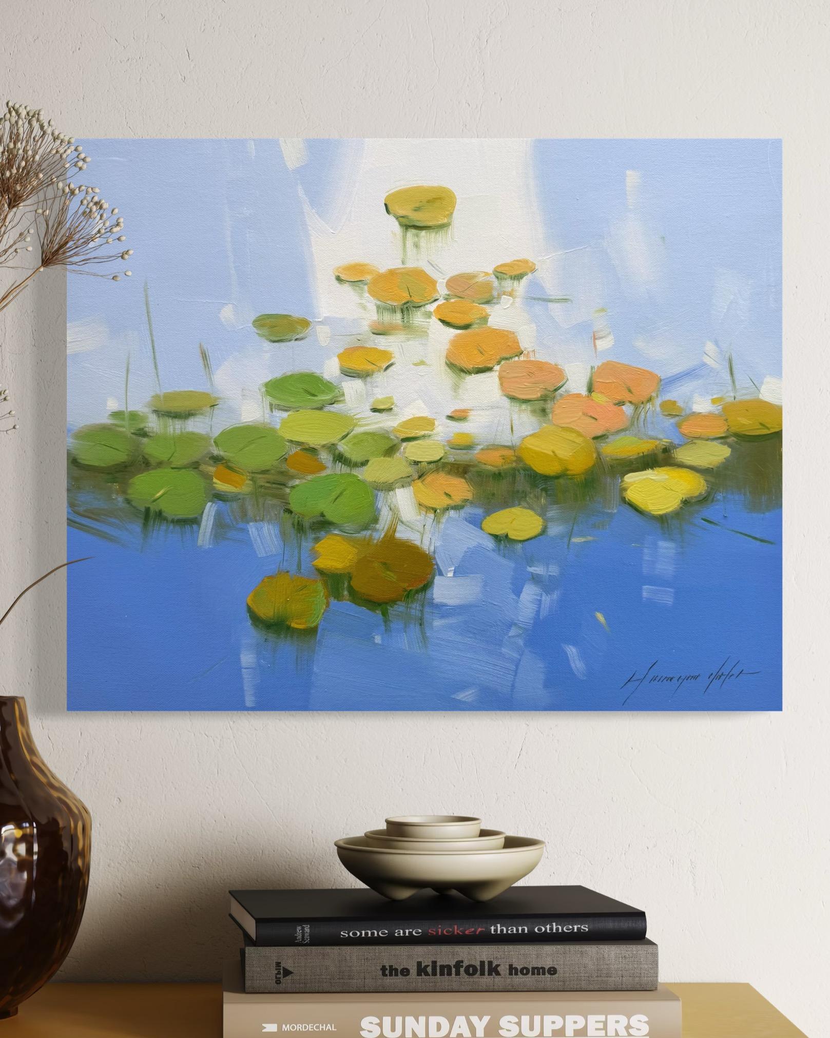 Liliengarten, Florales Original-Ölgemälde, hängefertig (Grau), Landscape Painting, von Vahe Yeremyan