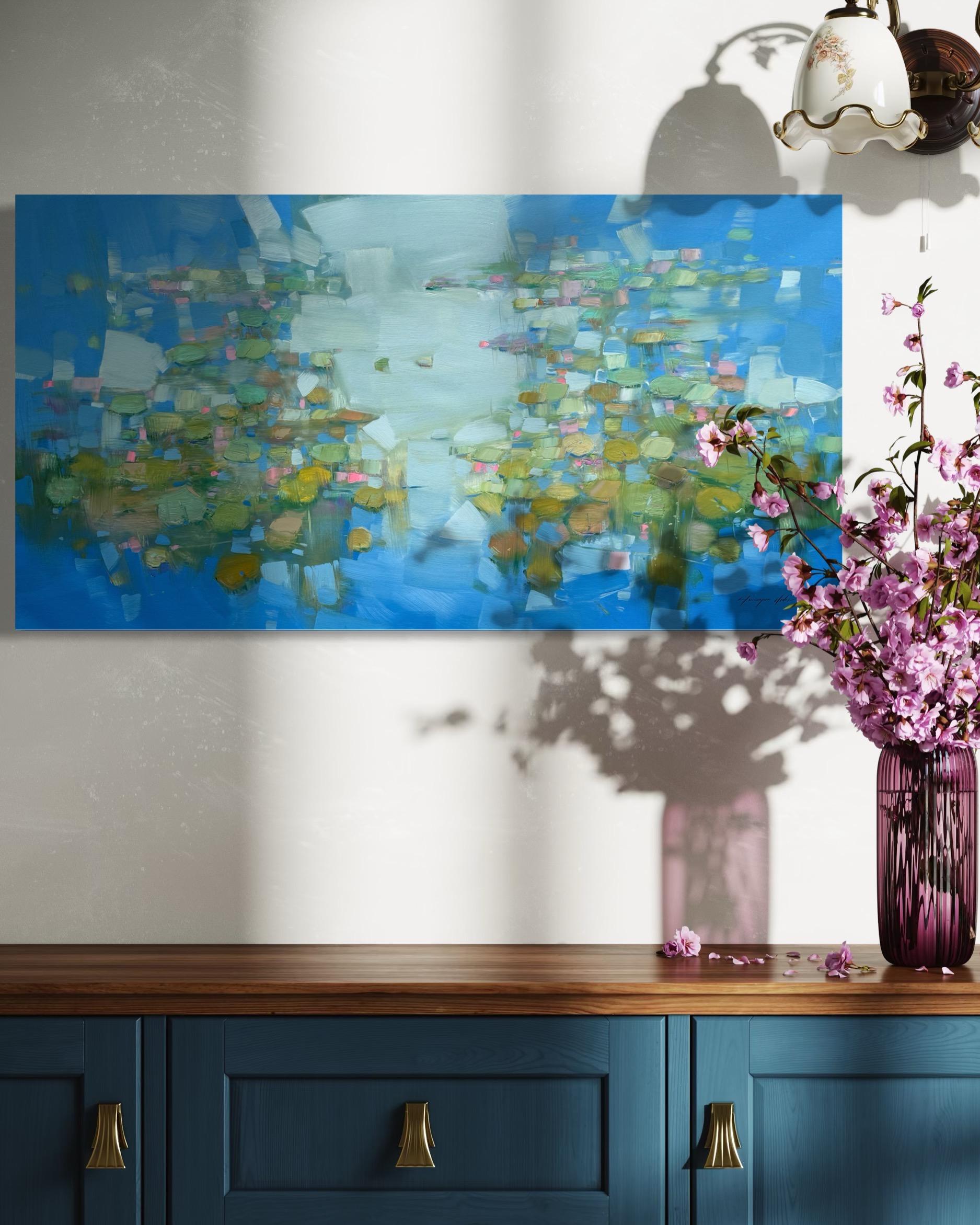Sinfonia di gigli, Impressionismo floreale Pittura ad olio originale, pronta da appendere - Abstract Painting Blu di Vahe Yeremyan