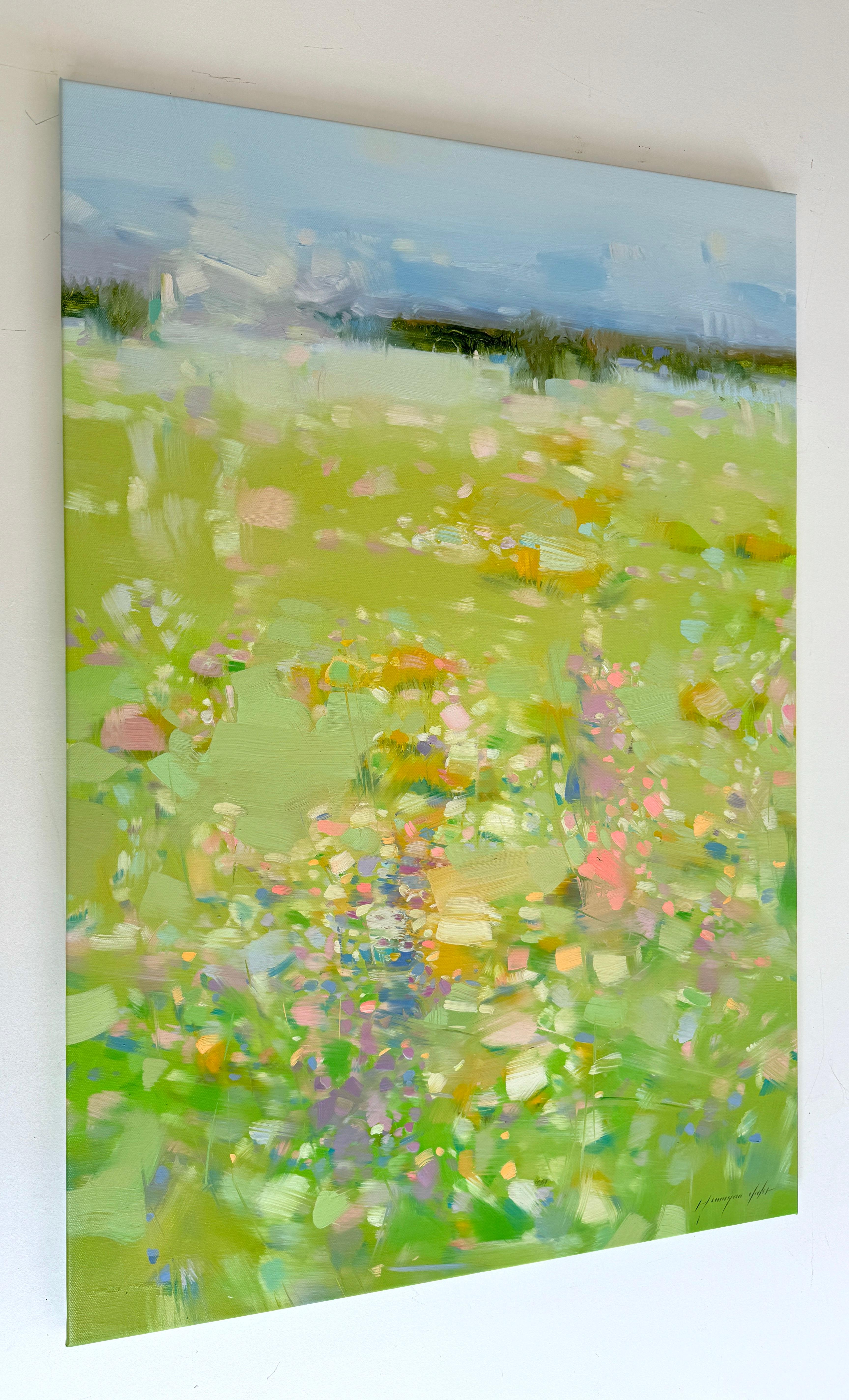 Paesaggio con brezza di prato Impressionismo Pittura ad olio originale, pronta da appendere - Painting di Vahe Yeremyan