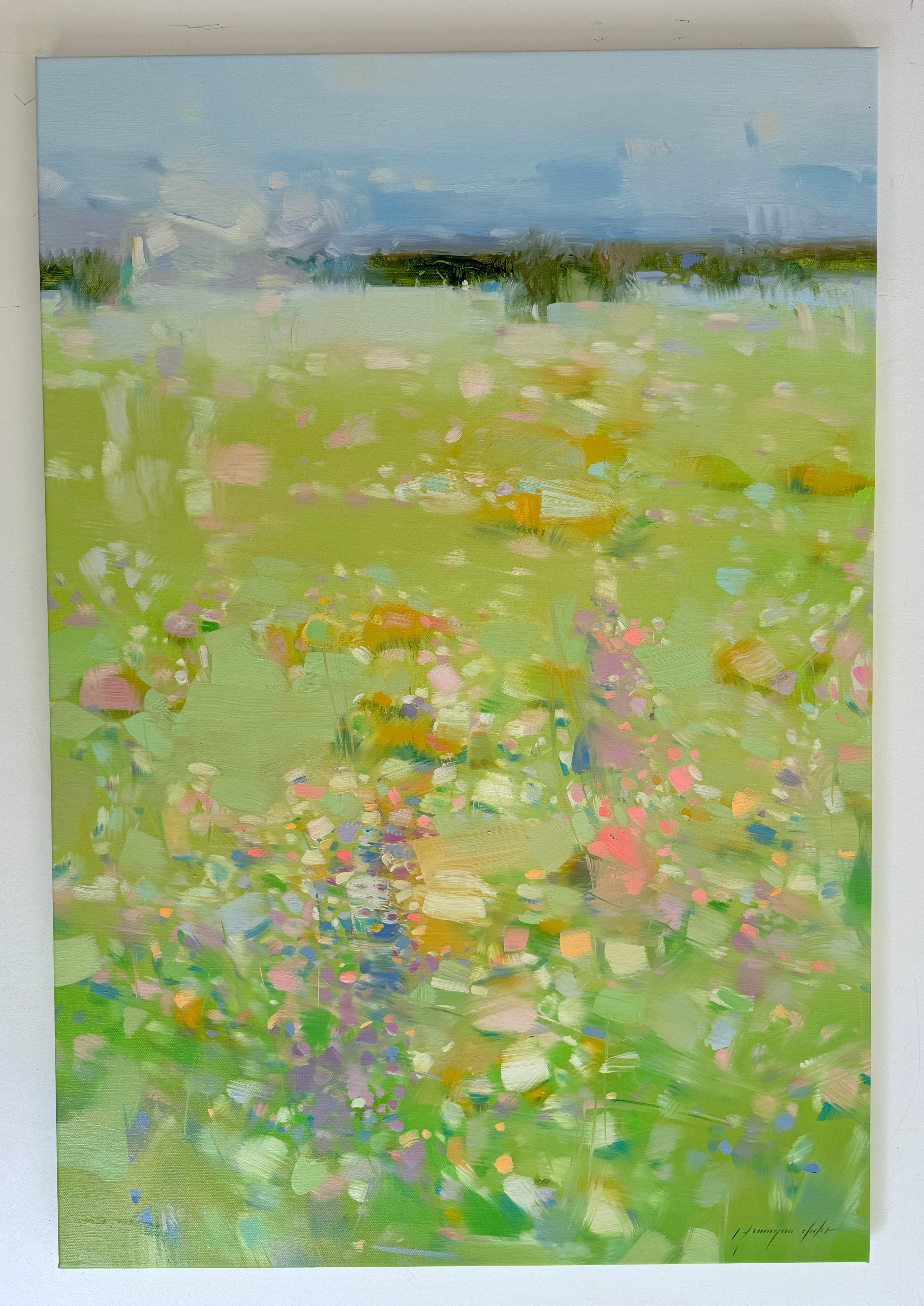 Paesaggio con brezza di prato Impressionismo Pittura ad olio originale, pronta da appendere in vendita 1
