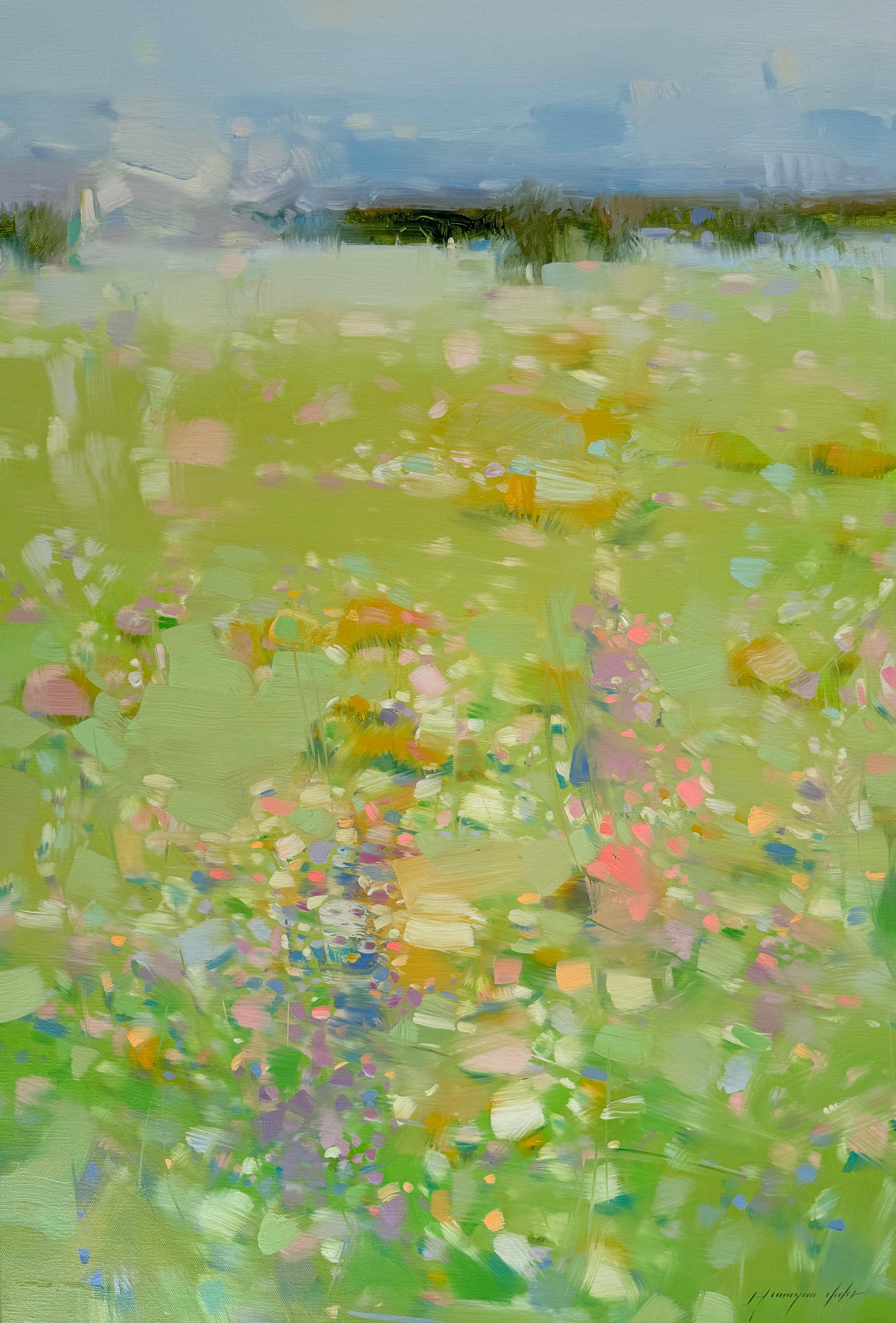 Landscape Painting di Vahe Yeremyan - Paesaggio con brezza di prato Impressionismo Pittura ad olio originale, pronta da appendere