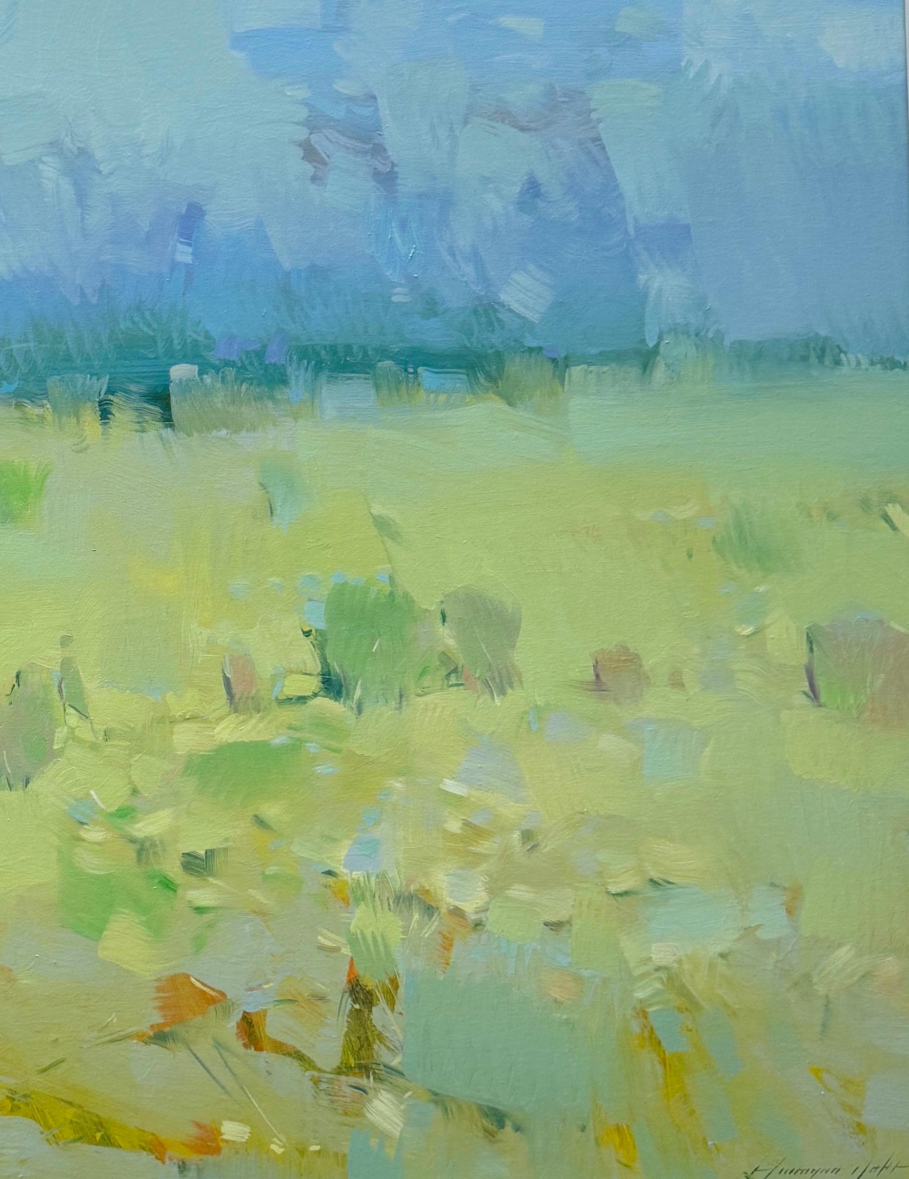 Prato, Paesaggio Impressionismo Pittura ad olio originale, pronta da appendere - Landscape Painting Grigio di Vahe Yeremyan