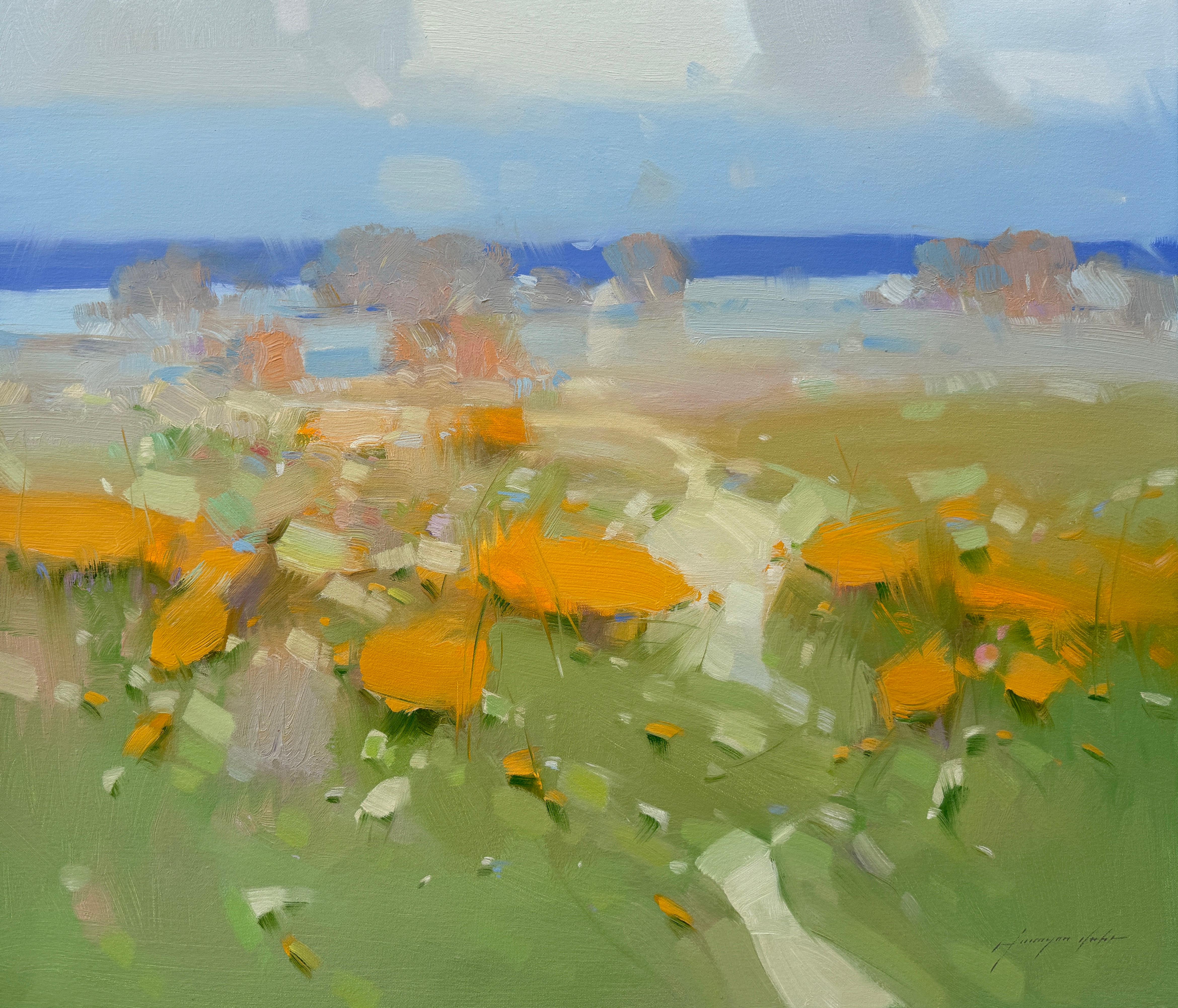 Meadow, paysage, peinture à l'huile originale, prête à être accrochée, impressionnisme