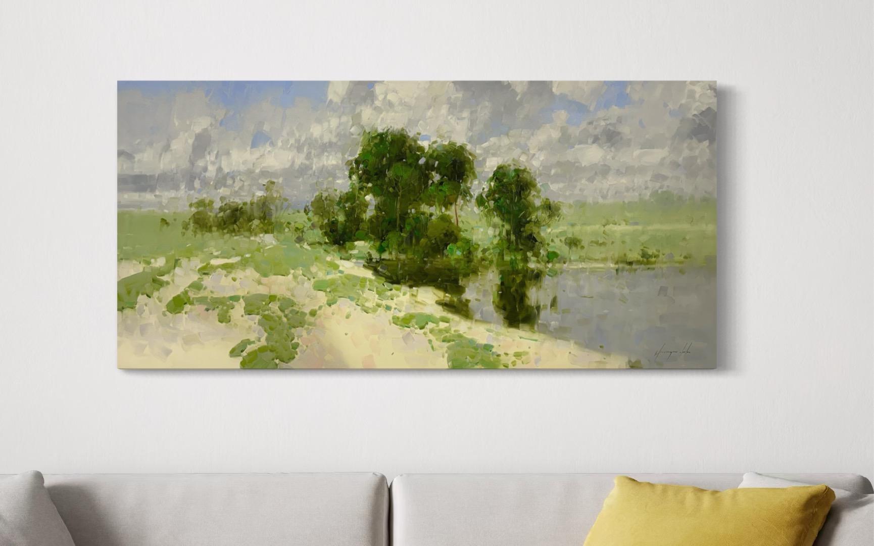 Pradera, Paisaje Día de Verano, Pintura al Óleo Original, Lista para Colgar - Painting de Vahe Yeremyan